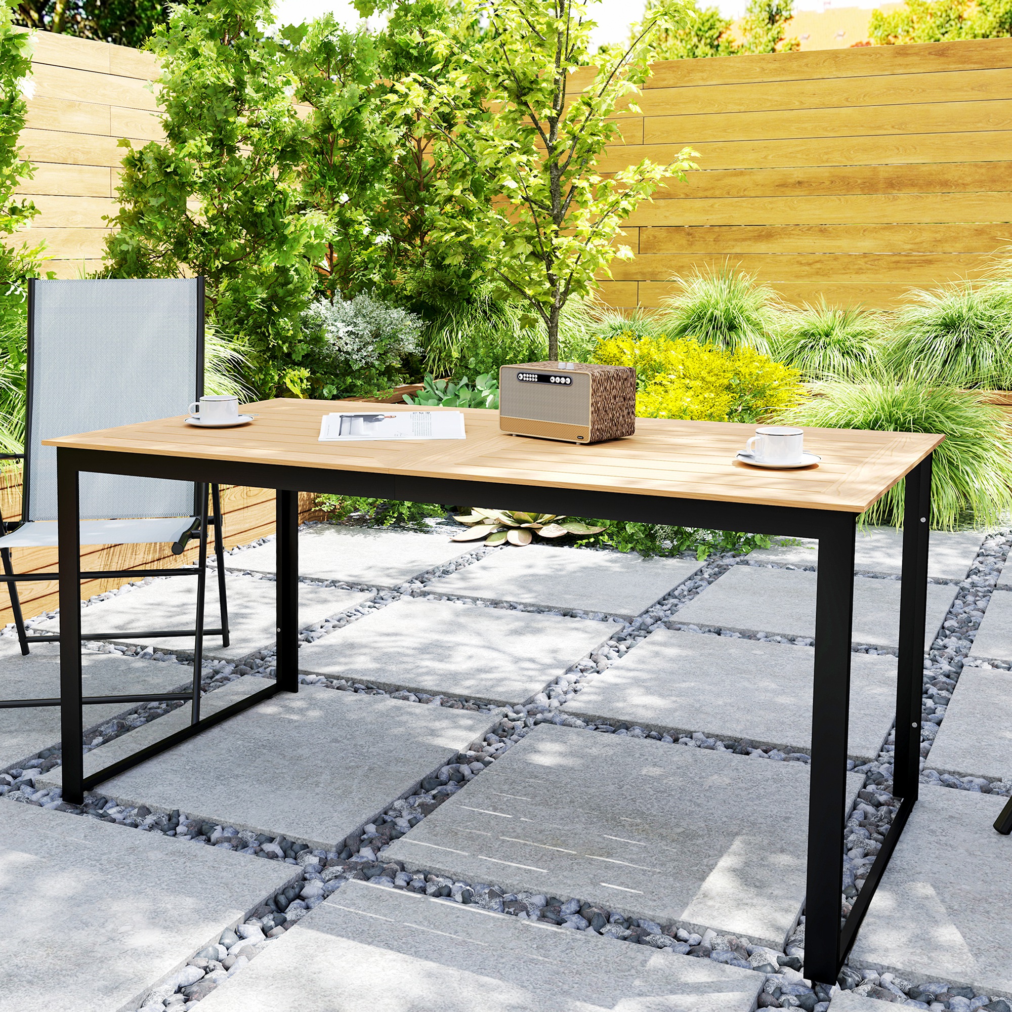 Gartentisch für 6 Personen 160 x 80 cm Wetterfest Balkontisch mit Lamellen-Tischplatte, Buffettisch Outdoor Teak