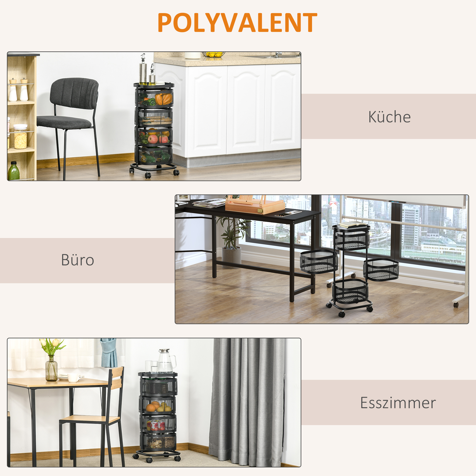 Servierwagen mit 4 Ebenen drehbar Küchenwagen mit Rollen Drahtkorb Rollwagen mit oberen Regal 33x33x77 cm Schwarz