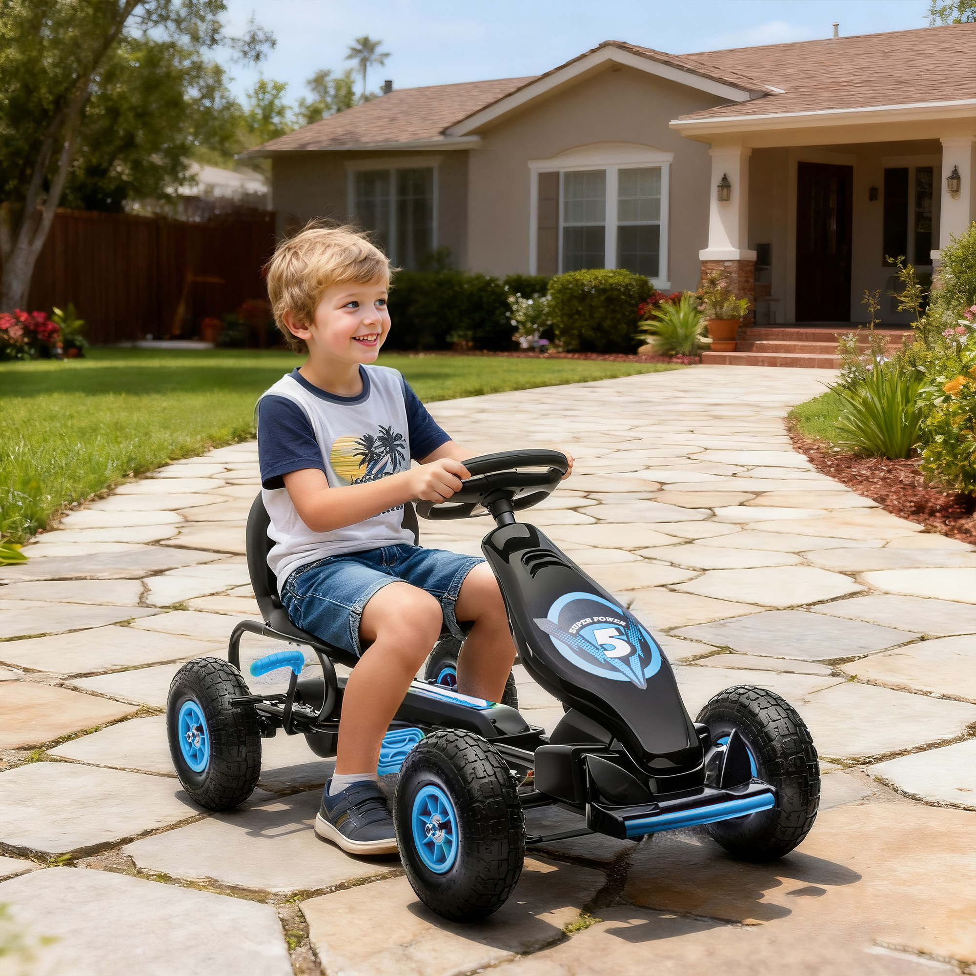Kinder-Gokart, mit Pedalen, verstellbarem Sitz, In- und Outdoor, ab 5 Jahren, blau+schwarz, 121 x 58 x 61 cm