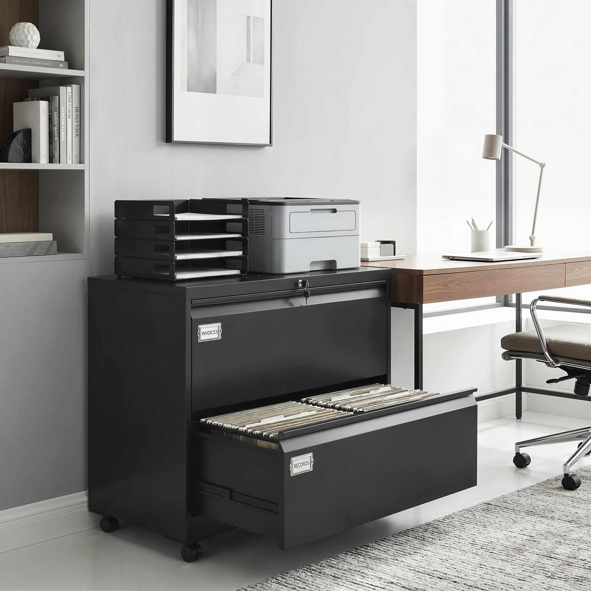 Rollcontainer mit 2 Schubladen abschließbar Aktenschrank mit verstellbarem Hängeregistratur 90 x 40 x 77,4 cm Schwarz
