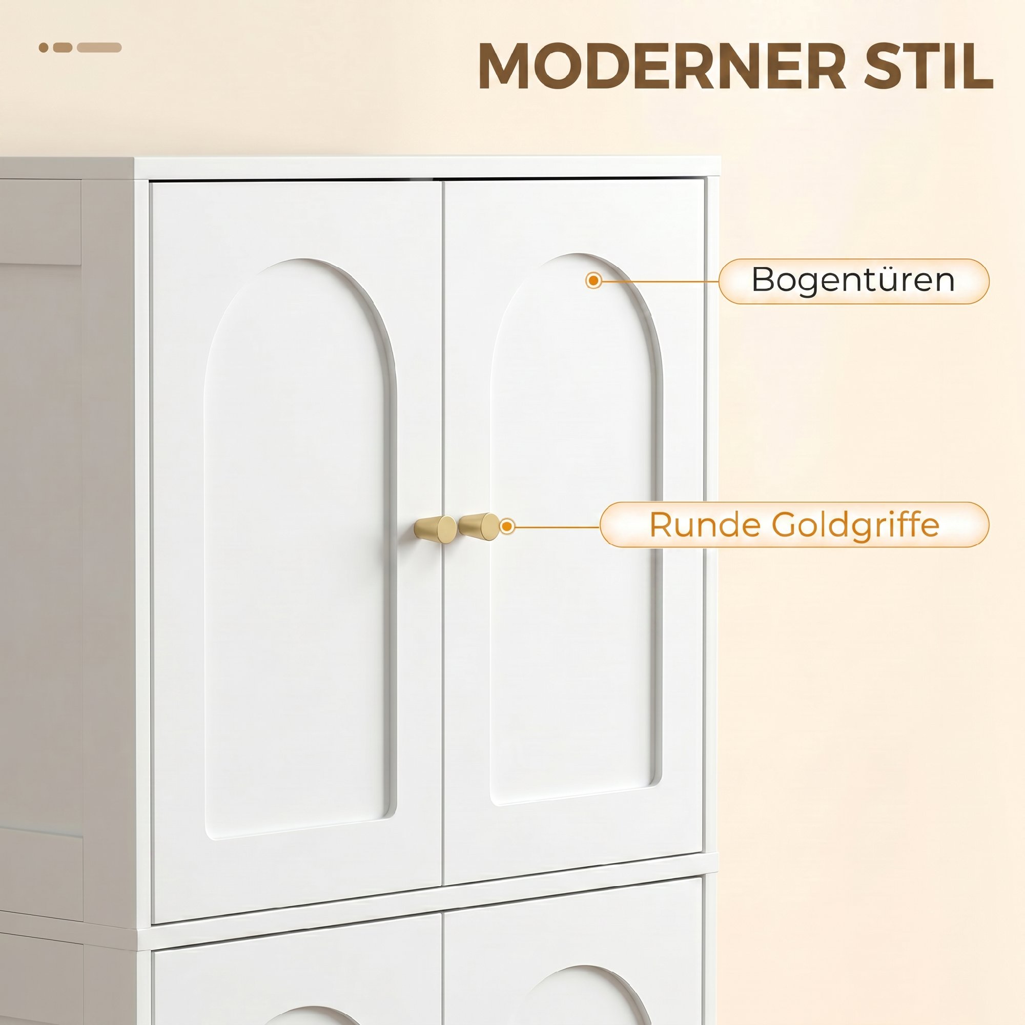 Küchenschrank, Hochschrank mit 2 verstellbaren Regalböden, Küchenbuffet mit 4 gewölbten Türen 60 x 30 x 110 cm, Weiß
