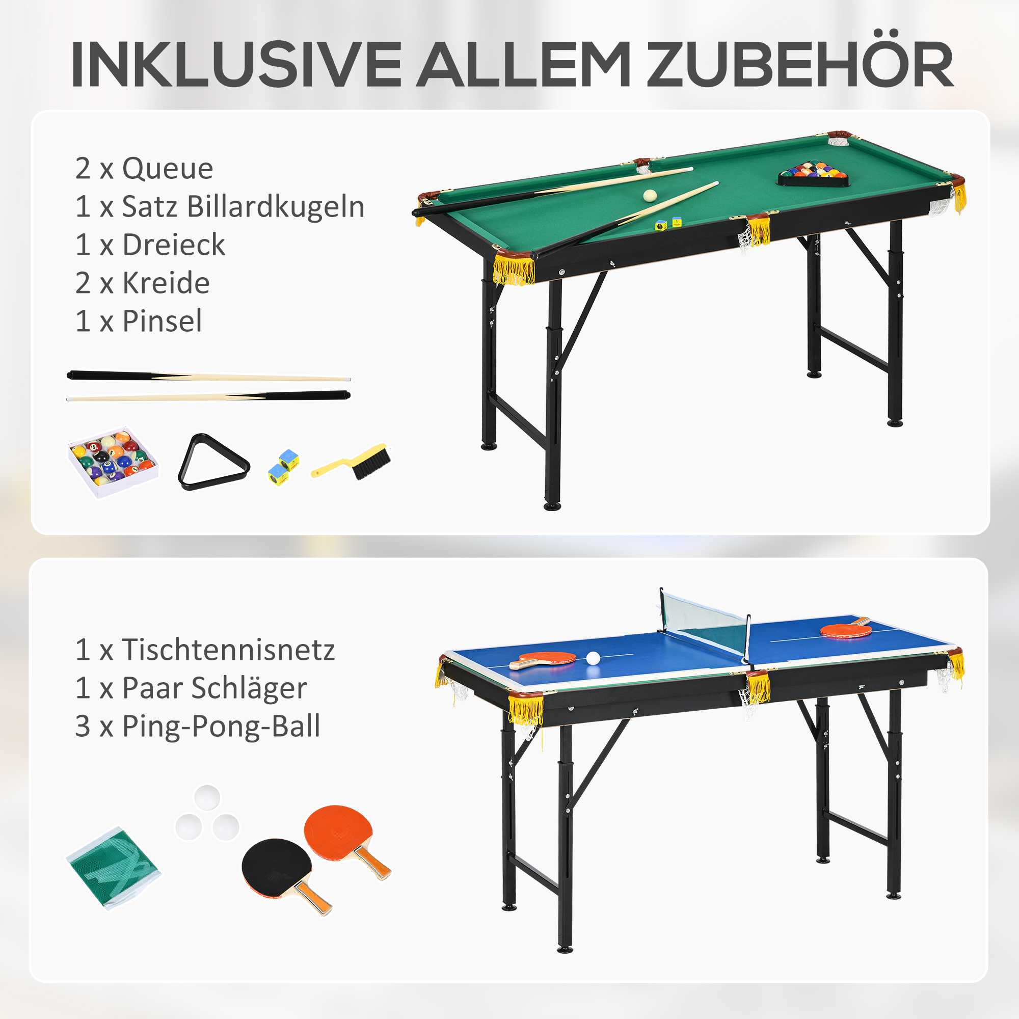 2-in-1 Billardtisch, Tischtennisplatte, mit Zubehör, 140x63x80cm, Blau/Grün