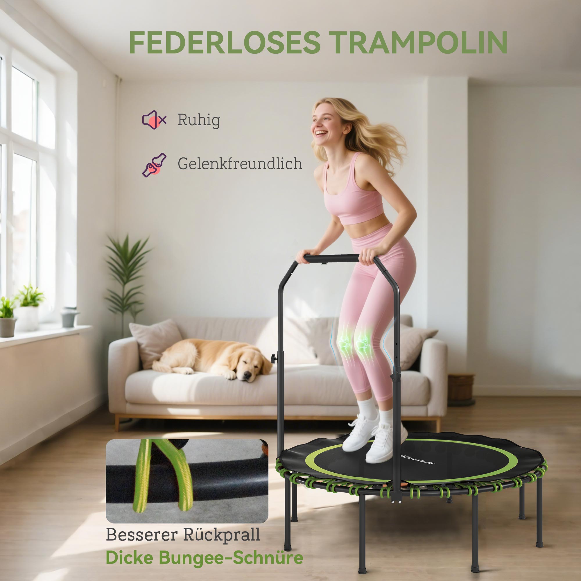Fitness-Trampolin mit verstellbarem Handlauf, Sport-Trampolin für drinnen und draußen, Stahl, Kunststoff, Grün