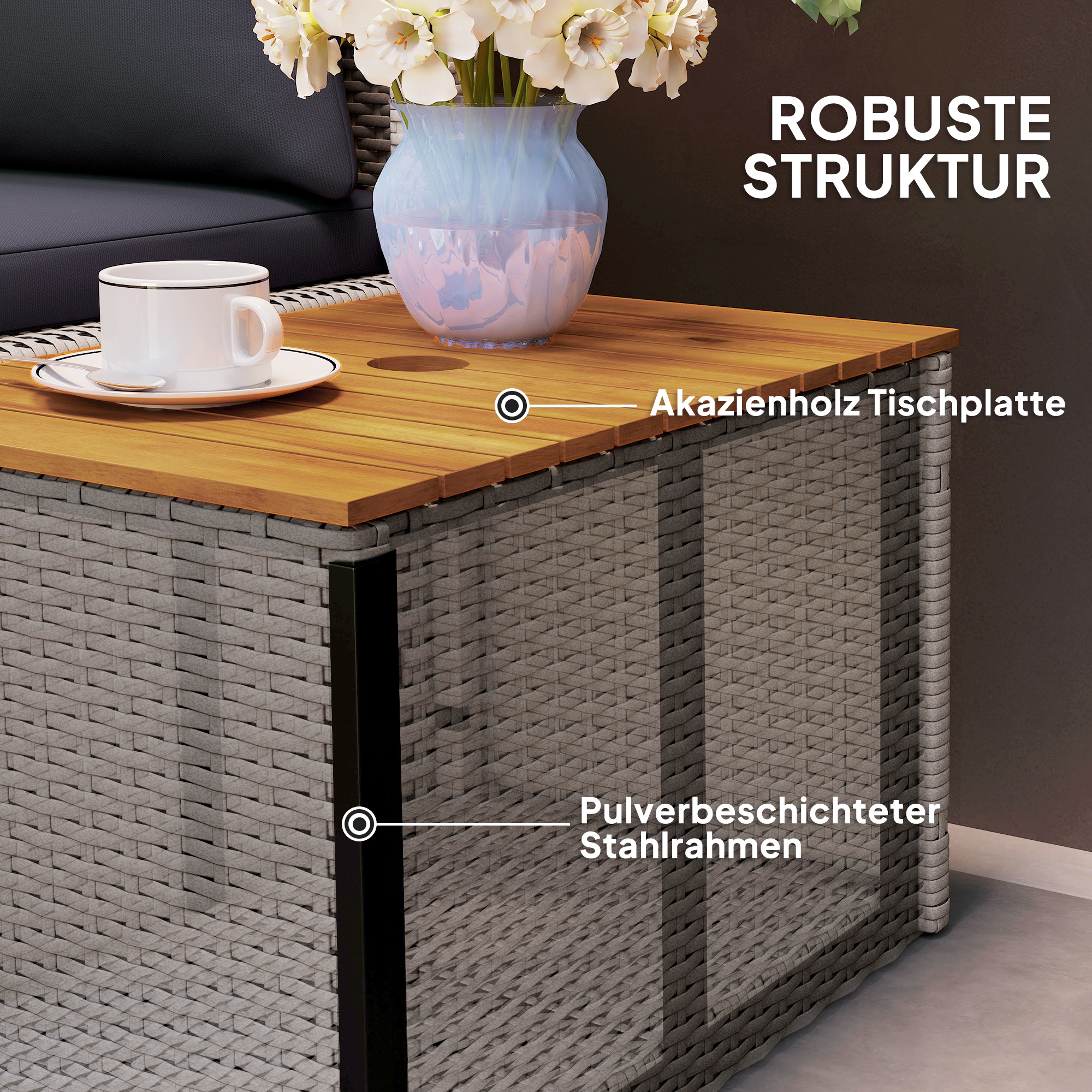 Polyrattan Sonnenliege für 2 Personen Doppelliege mit Fußhocker Stauraum Auflagen 125x114x72,5 cm Grau