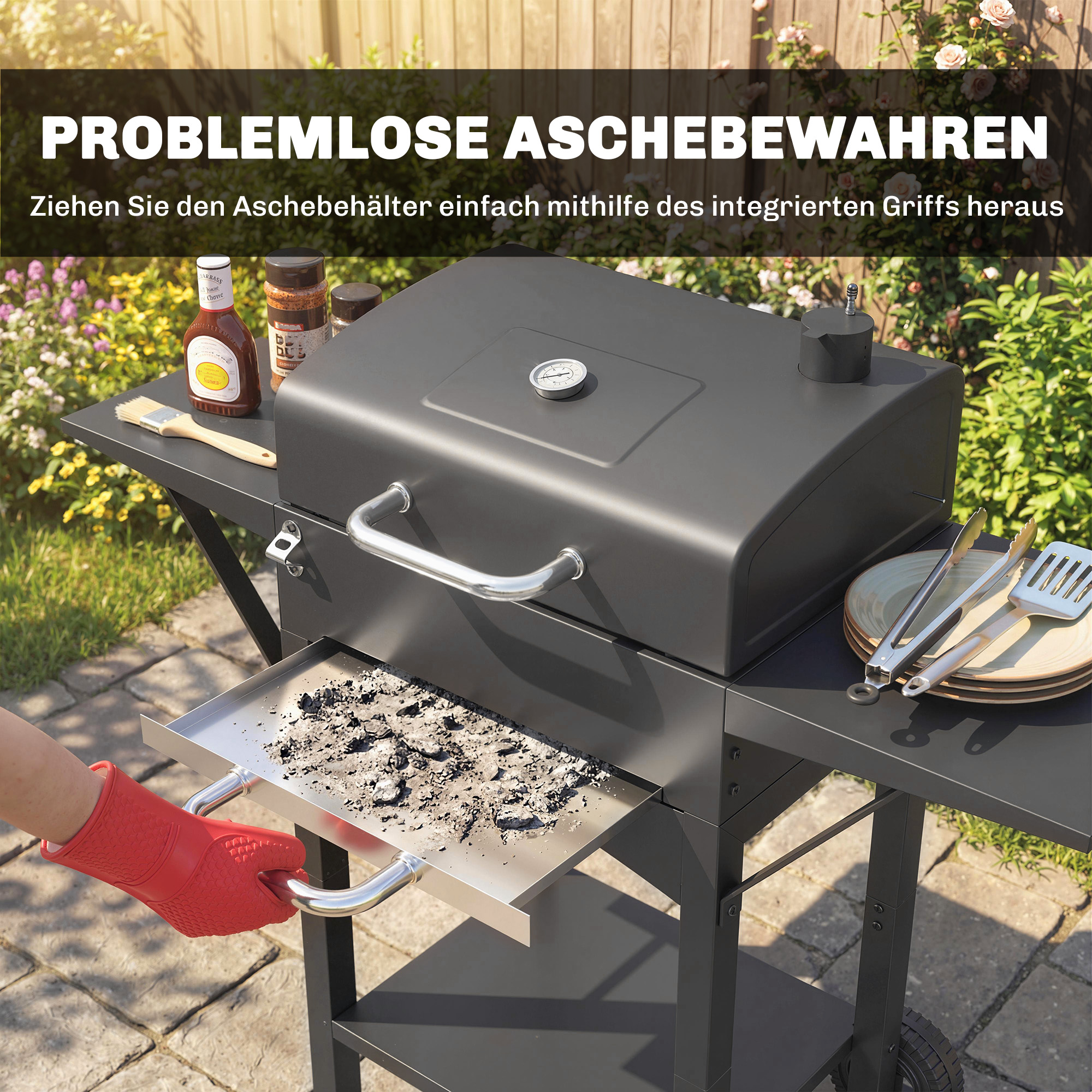 Holzkohlegrill mit Deckel, BBQ Smoker Grill mit 2 Seitentischen Große Grillfläche Grillrost Thermometer Räder