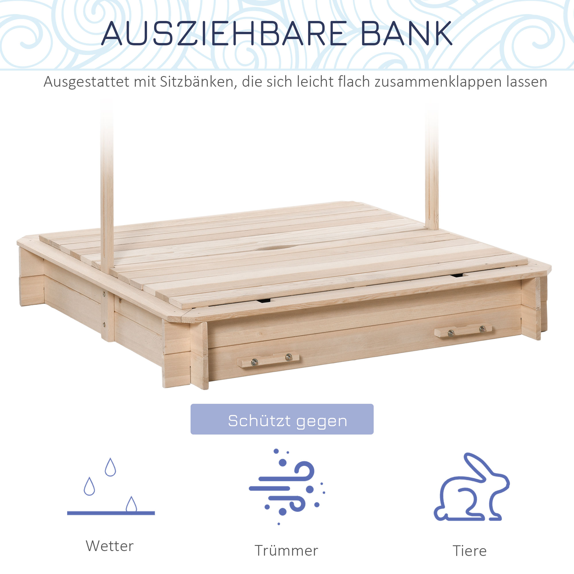 Sandkasten 106x106 cm Kinder Sandbox mit höhenverstellbar Abdeckung, Sandkiste aus Holz mit Sitzbänken Rücklehnen für Outdoor Garten Terrasse Balkon