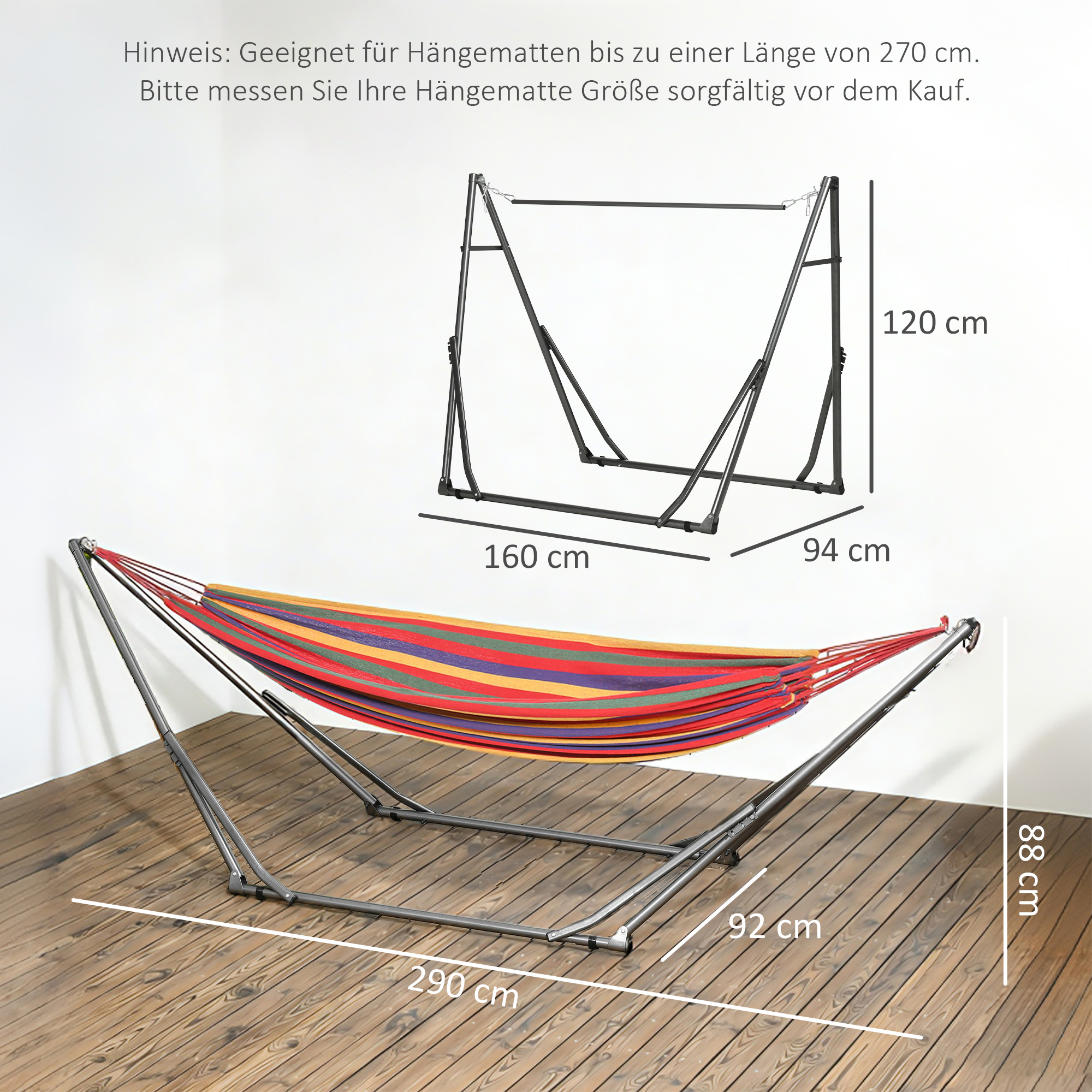 2-in-1 Hängemattenständer, wetterbeständig, Wäscheständer, 290 cm x 92 cm x 88 cm, Schwarz