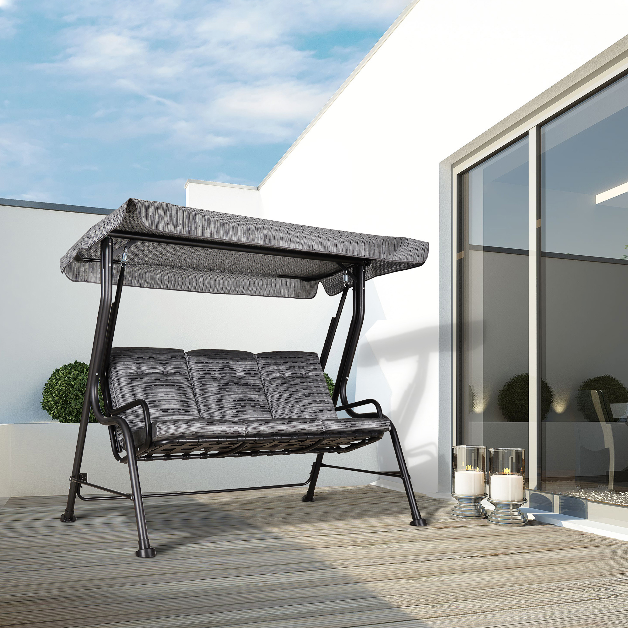 Hollywoodschaukel, 3-Sitzer Gartenschaukel, Verstellbares Sonnendach, Texteline Grau 200 x 120 x 170 cm