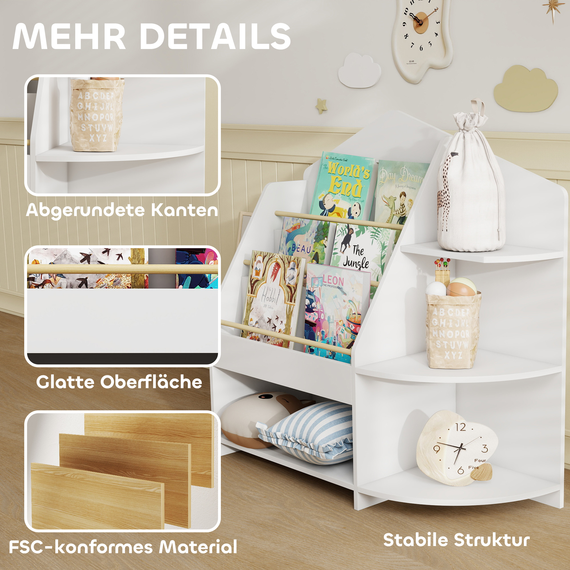 Kinderregal mit 7 Regalen für Bücher, Spielzeug, runde Kanten, trägt 40 kg, Weiß