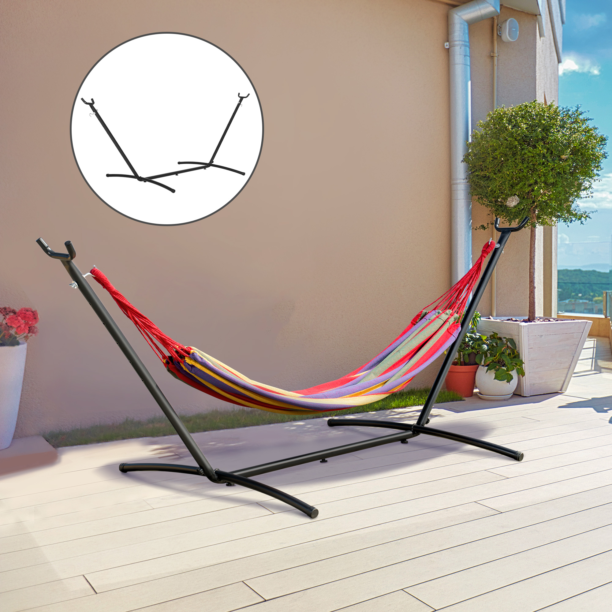 Hängemattengestell für Hängematte Hängemattenständer mit Haken Garten Strand Metall 280 x 120 x 110 cm bis 120KG
