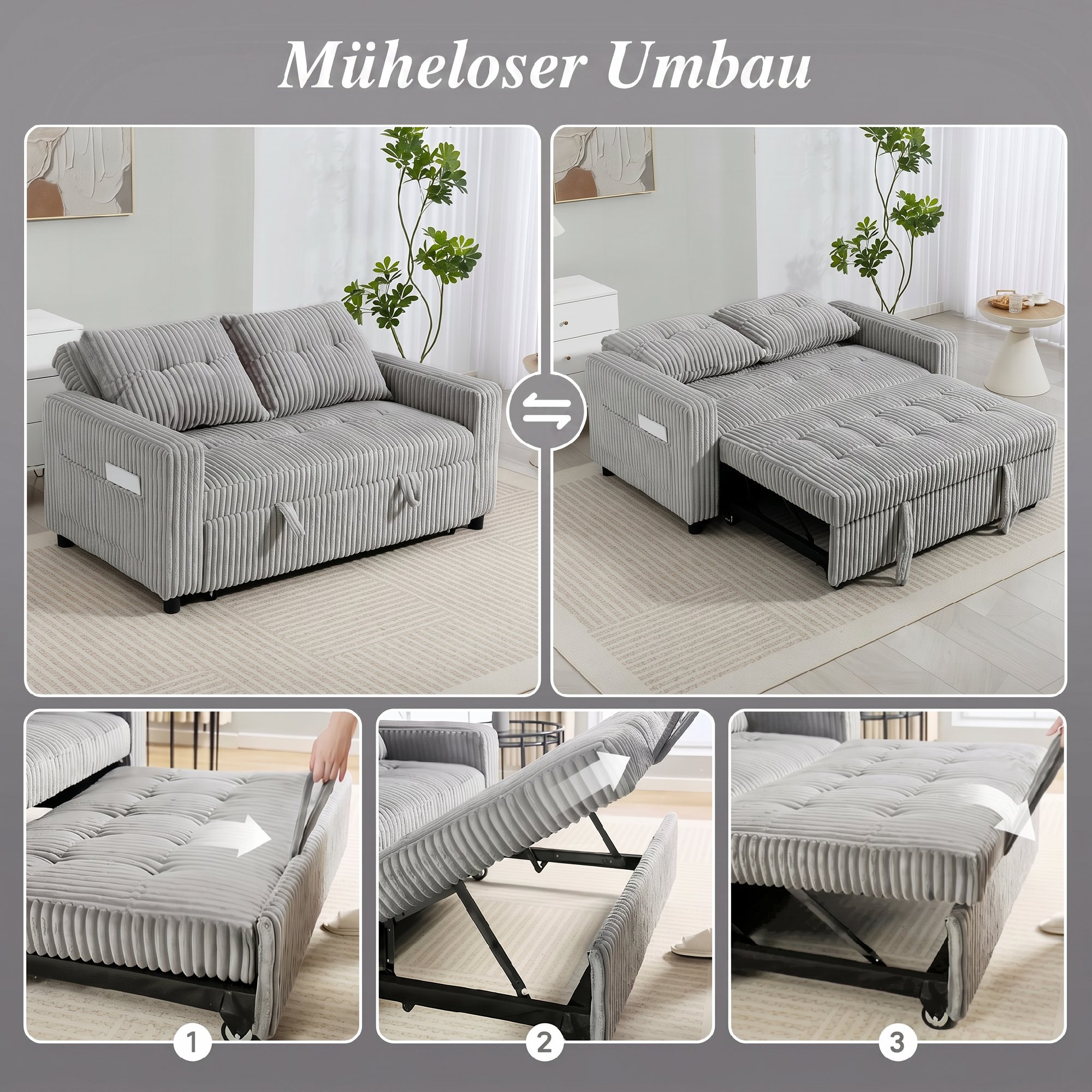2-Sitzer Sofabett, Cordbezug, zum Schlafsofa umwandelbar, 2 Kissen, Seitentaschen, 157 x 190 cm, Hellgrau