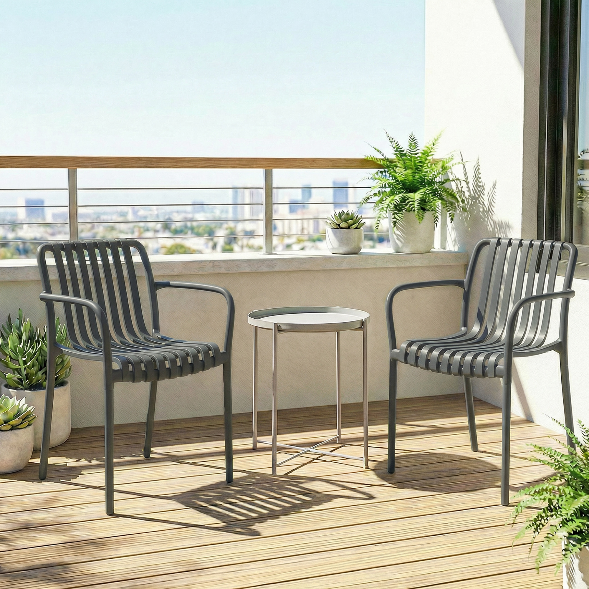 Gartenstühle 4er Set Stapelbare Terrassenstühle mit Lamelldesign Armlehnen, Ergonomisch Dunkelgrau