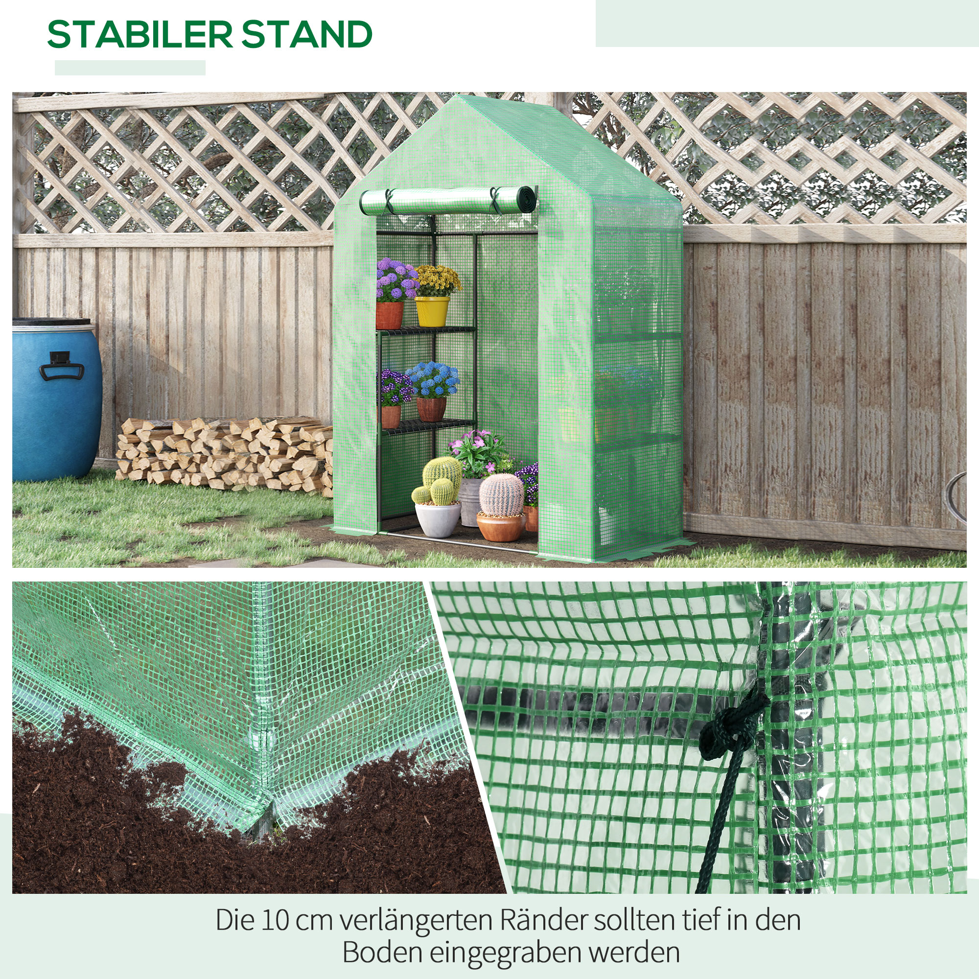 Foliengewächshaus Gewächshaus mit 6 Regalebenen begehbares Gartenhäuschen Treibhaus Tomatenhaus Pflanzenhaus mit aufrollbarem Eingang Frühbeet Grün 141 x 72 x 191 cm