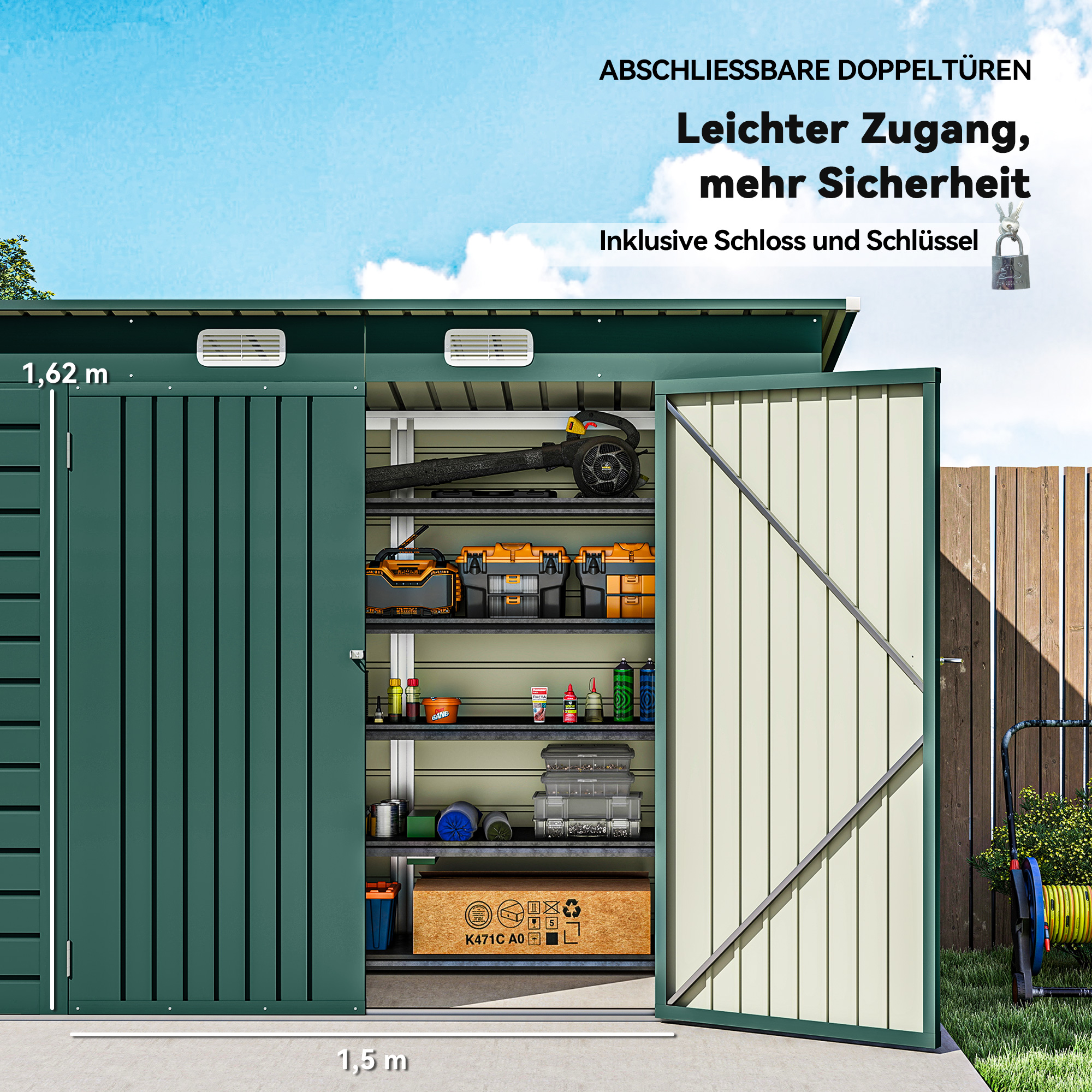 Gerätehaus, Metall-Gartenhaus mit Pultdach, 249 x 121 x 166/183 cm, Einfache Montage, mit Doppeltüren, Grün