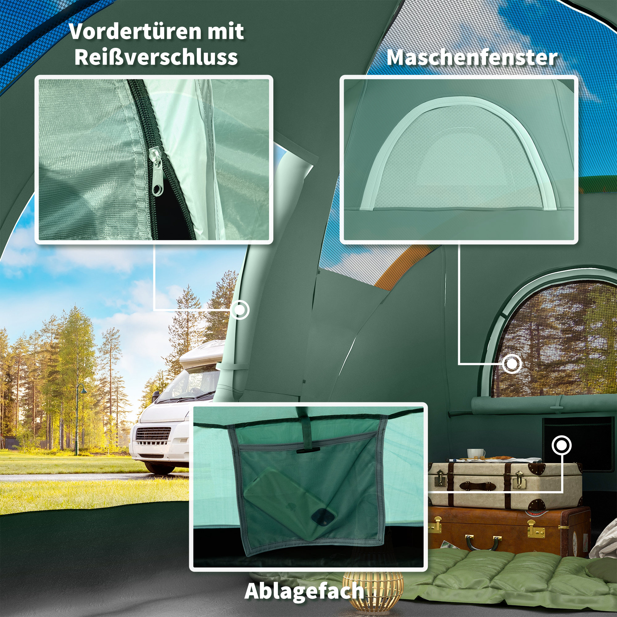 Campingzelt für 5-6 Personen, Familienzelt, Lampenhaken, Seitentaschen, 4,55x2,3x1,8m, Grün/Schwarz