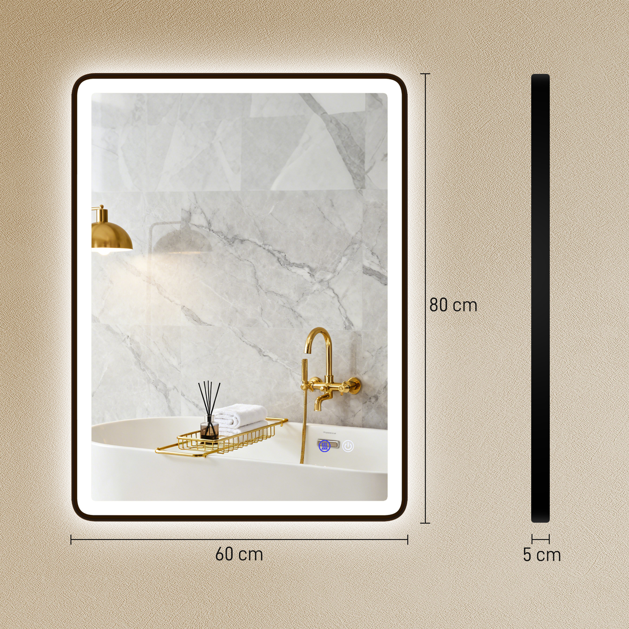 LED-Badezimmerspiegel Anti-Beschlag Dimmbare Schminkspiegel mit Beleuchtung 80 x 60 cm Schwarzer Rahmen