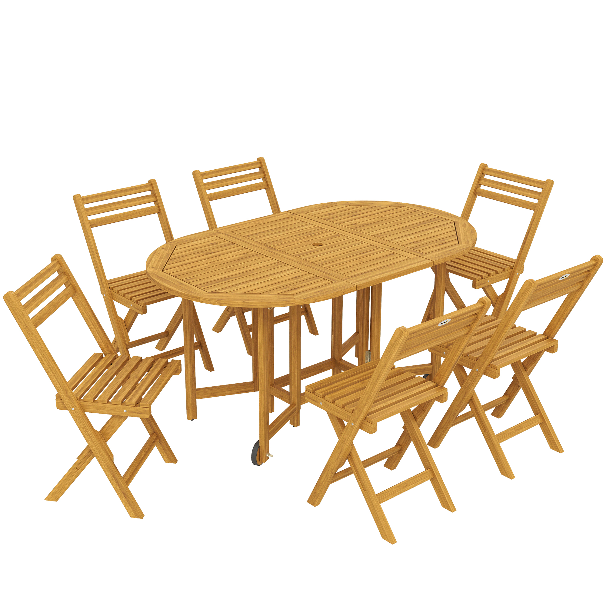Gartenmöbel Set FSC Holz Sitzgruppe 7-teilig Klappbar Tisch mit 6 Klappstühlen Schirmloch Lamellendesign