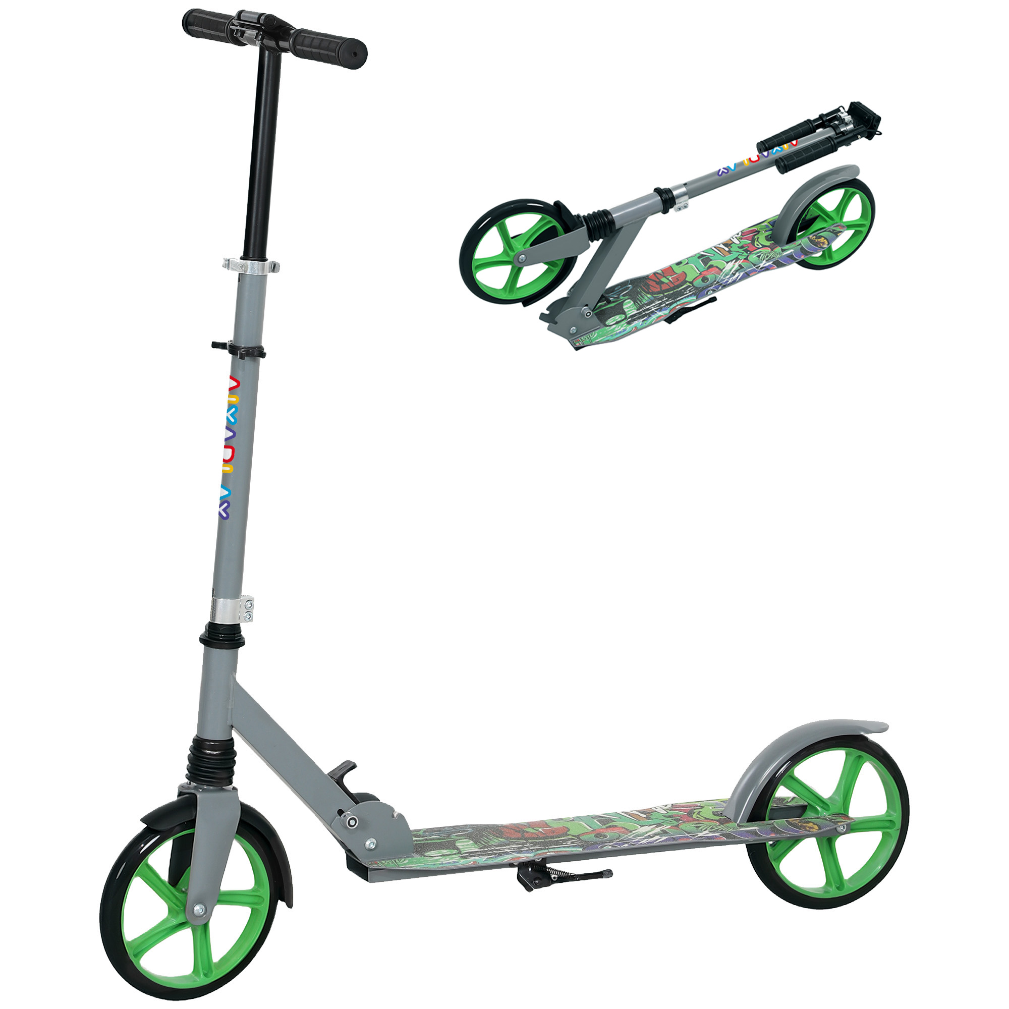 Tretroller, höhenverstellbar, Hinterradbremse, faltbar, 100 kg belastbar, Grün