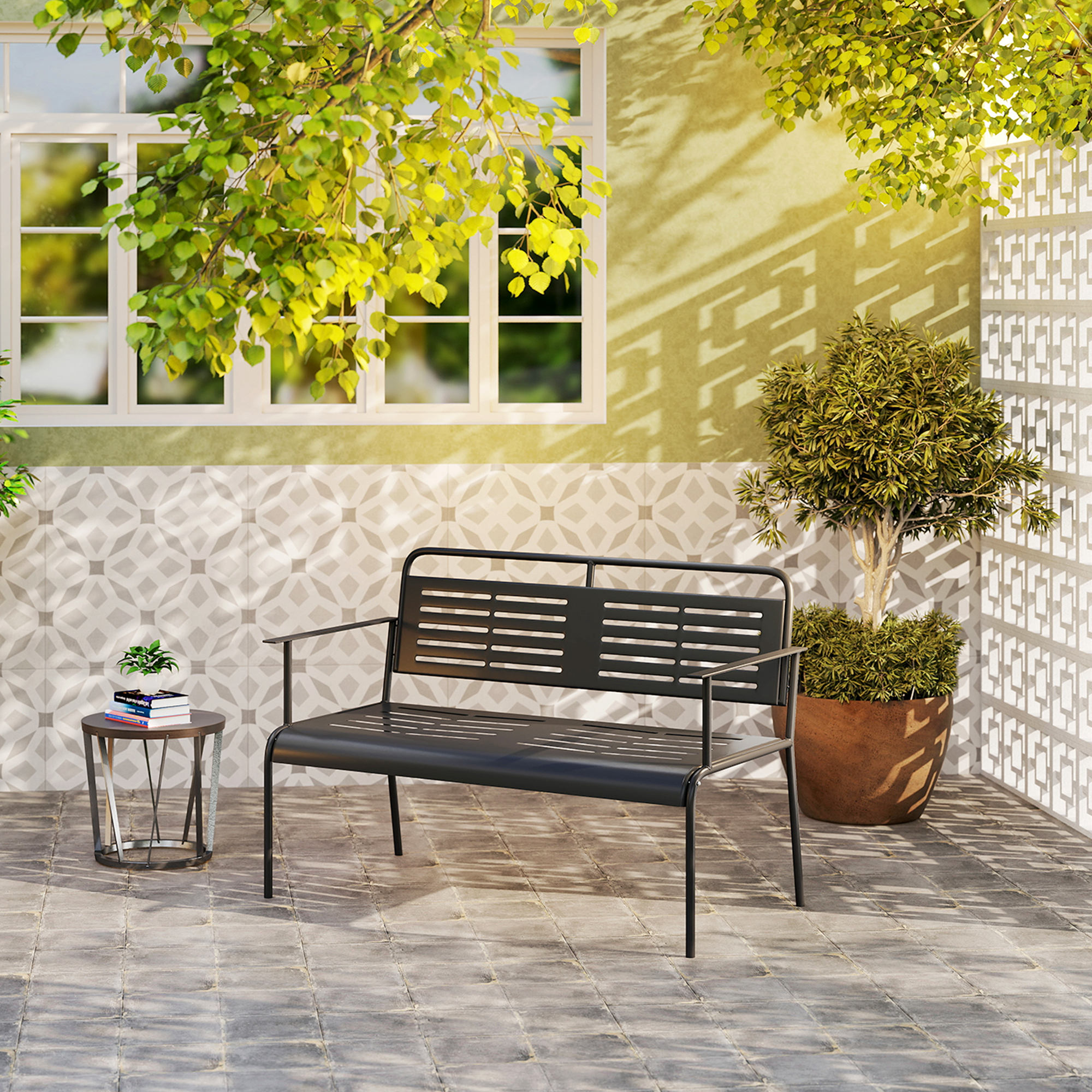 Gartenbank, wetterfest Sitzbank, wasserabweisend Gartenmöbel mit Rücken- & Armlehnen 121 x 64 x 84cm, Schwarz