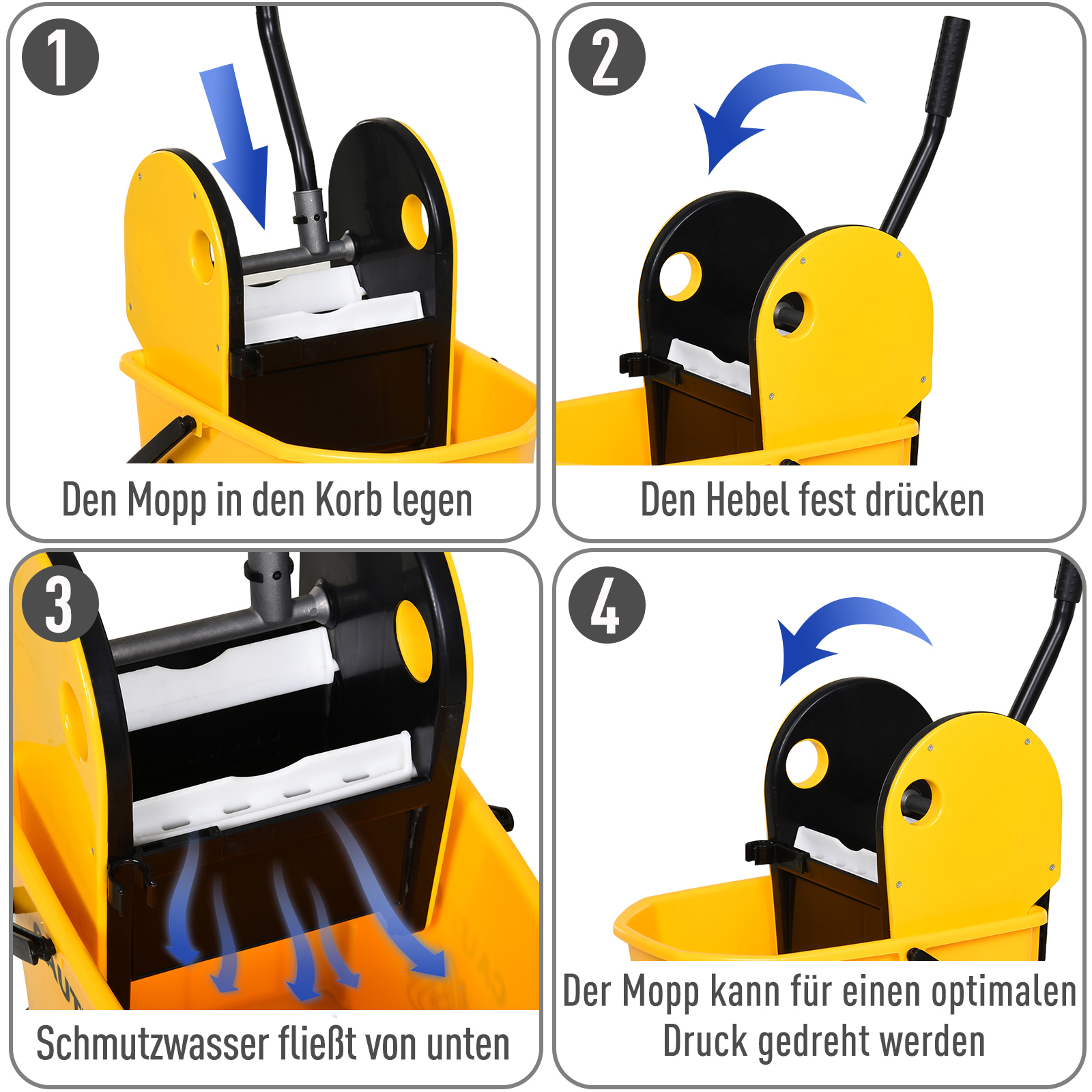 Reinigungswagen Fahreimer Putzeimer Wischwagen mit Auswringvorrichtung 26 Liter, Gelb, 44 x 36 x 90 cm