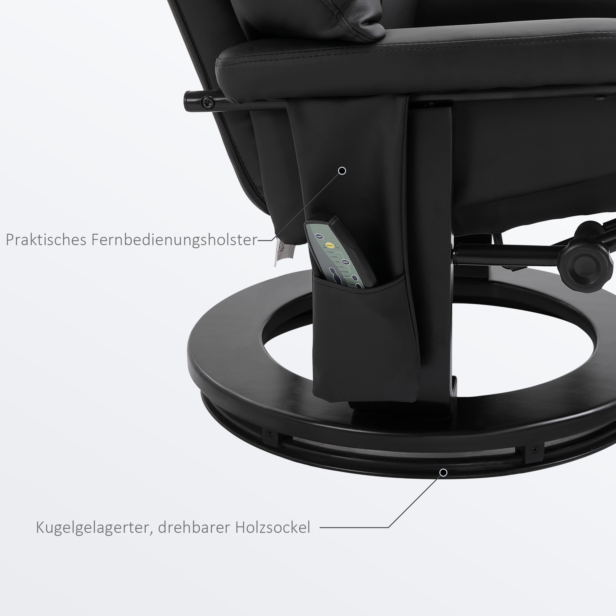 Relaxsessel mit Fußhocker, Massagesessel mit Liegefunktion, elektrischer Liegesessel mit Fernbedienung, Fernsehsessel mit Seitentasche, Kunstleder, schwarz