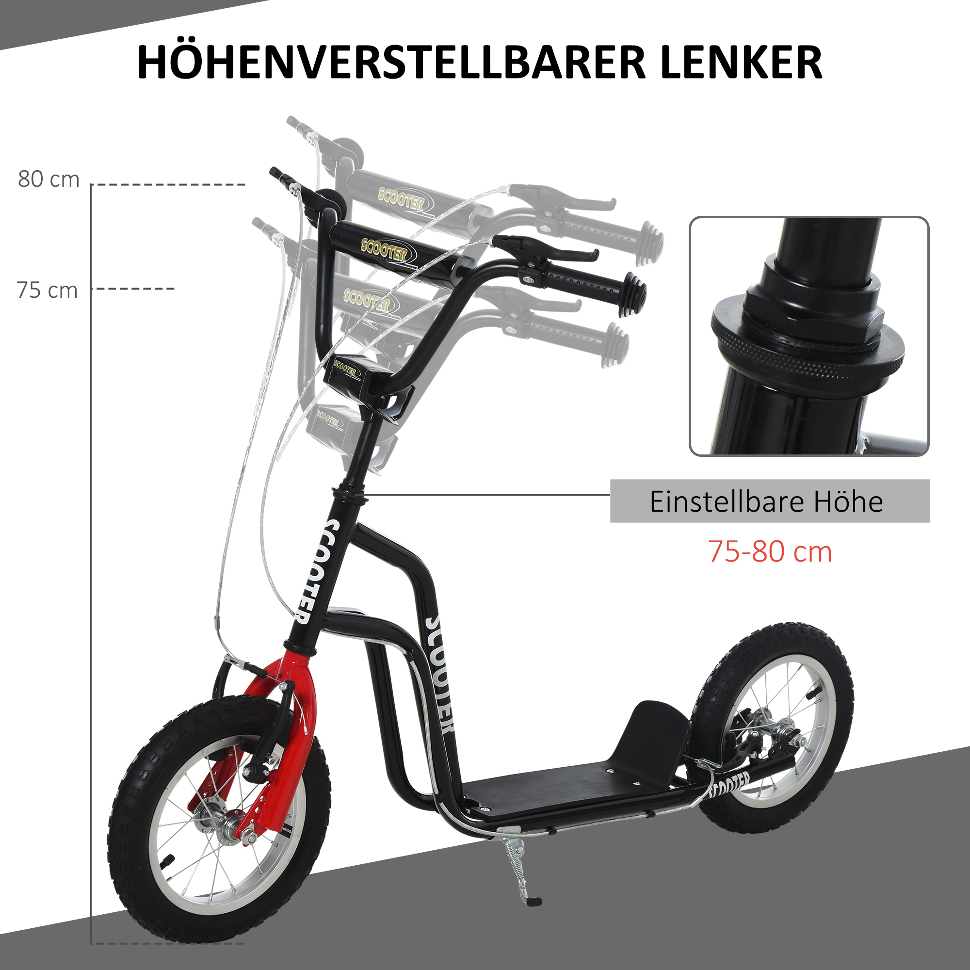 Kinderroller Lenker Verstellbar Scooter Tretroller Cityroller Kinder Roller Kickboard mit Luftreifen 12 Zoll ab 5 Jahre Schwarz 120 x 58 x 75-80 cm
