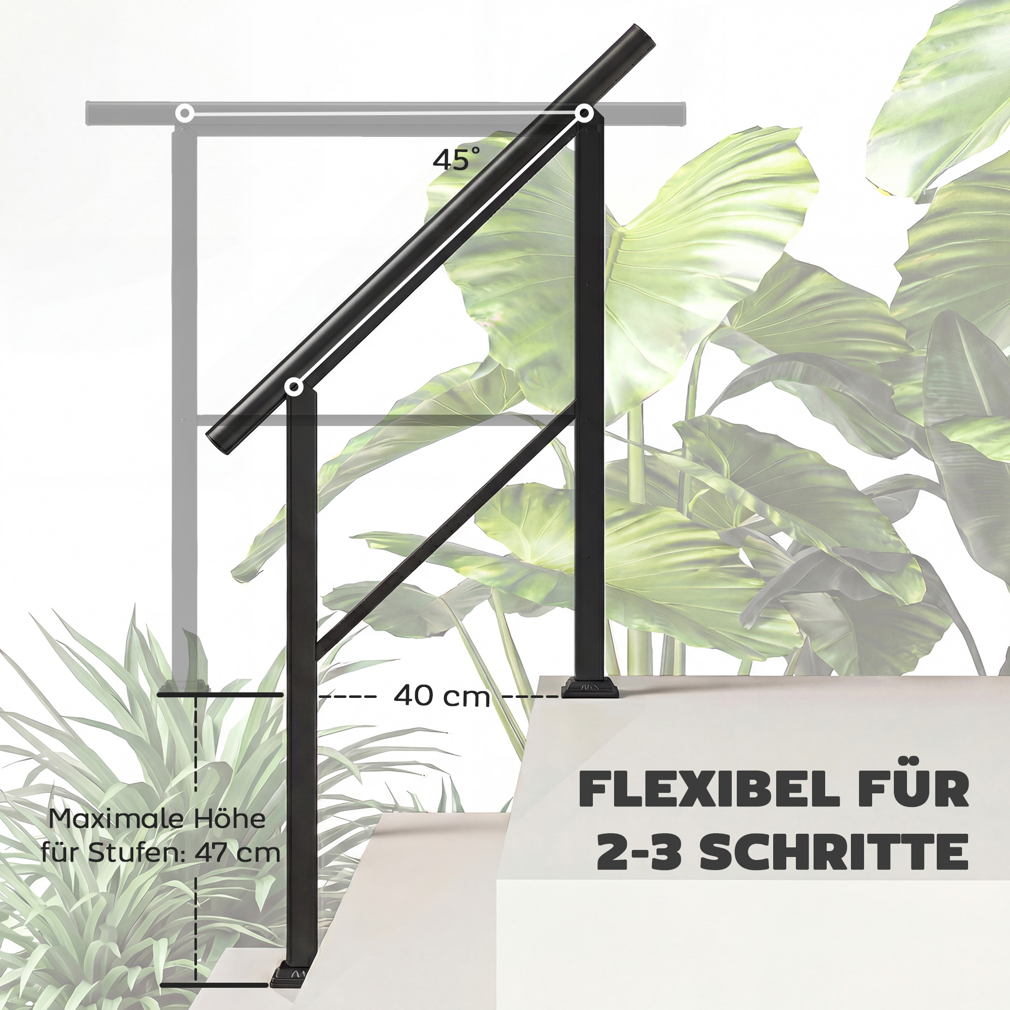 Treppengeländer für 2-3 Stufen, 94cm, Winkelverstellbar Handlauf Außen und Innen Metall Schwarz