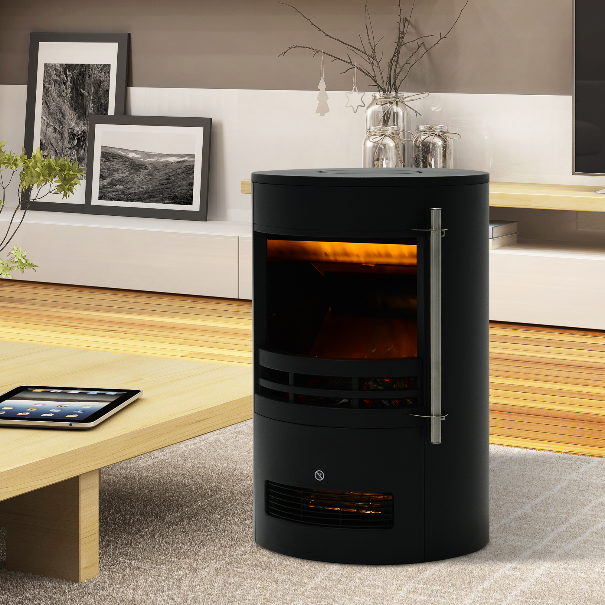 Elektrokamin mit Heizung, elektrischer Kamin mit LED Flammeneffekt, 900/2000W Dekokamin, elektrisch Kaminfeuer Kaminofen, Schwarz