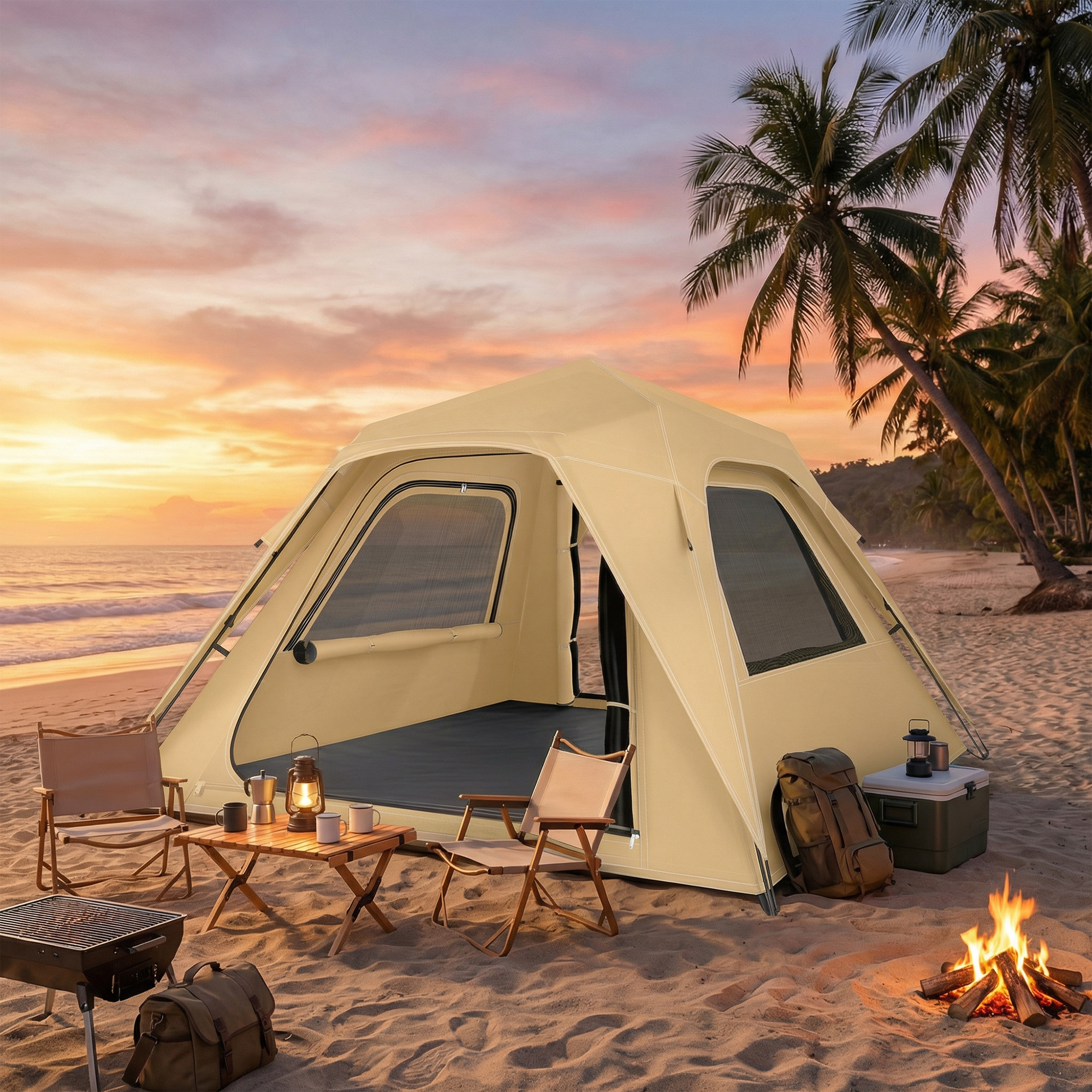 Instant-Pop-Up-Zelt mit Regenschutz, wasserdicht Kuppelzelt für 2-3 Personen mit 2 Türen 2 Fenstern 240x240x160 cm Khaki