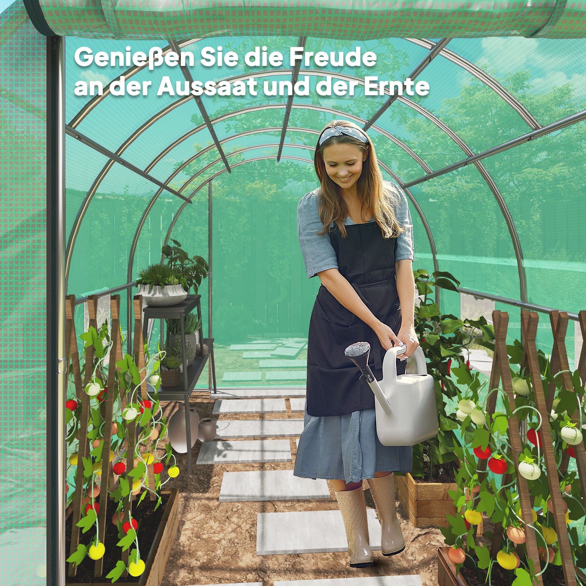 Polytunnel Gewächshaus mit Kunststoff-Abdeckung und Stahlrahmen, begehbares Gewächshauszelt mit Rolltüren, Grün