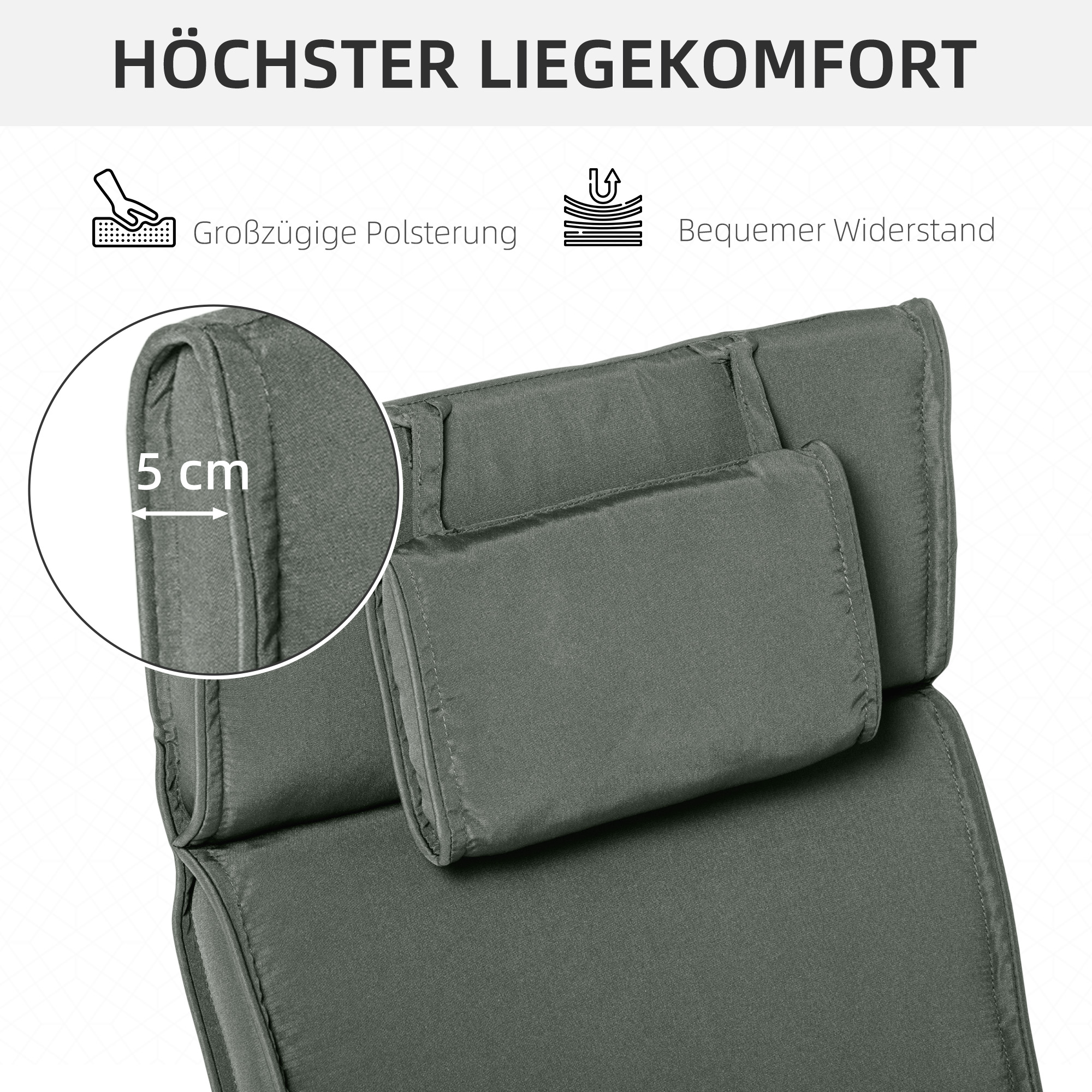 Liegenauflage Liegenpolster Gartenliege mit Kopfkissen abnehmbar Bezug Grau 198 x 53 x 5 cm NUR Kissen