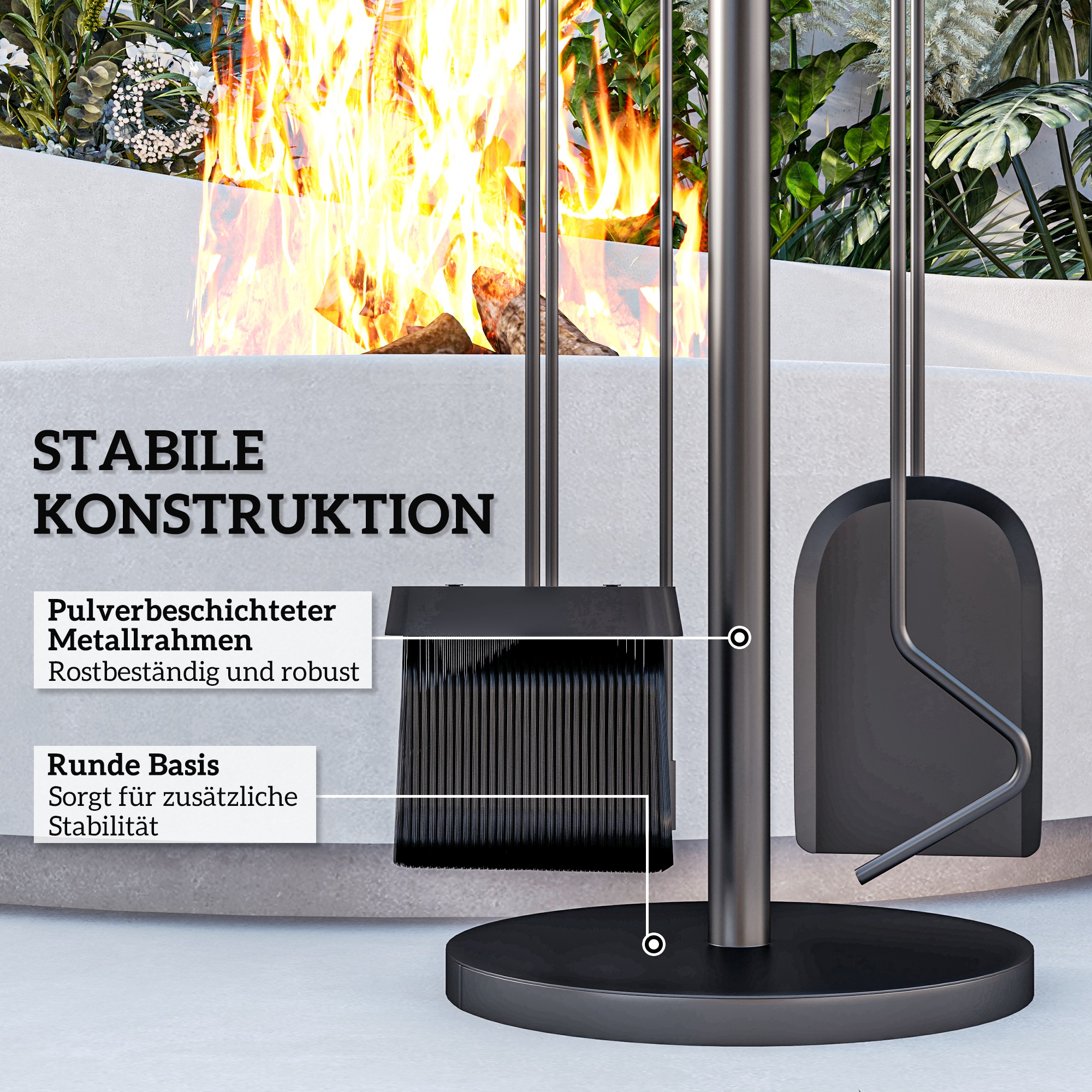 Kaminbesteck, 5-teilig, Besen, Schaufel, Zange, Schürhaken und Ständer, feuerfestes Metall, Schwarz