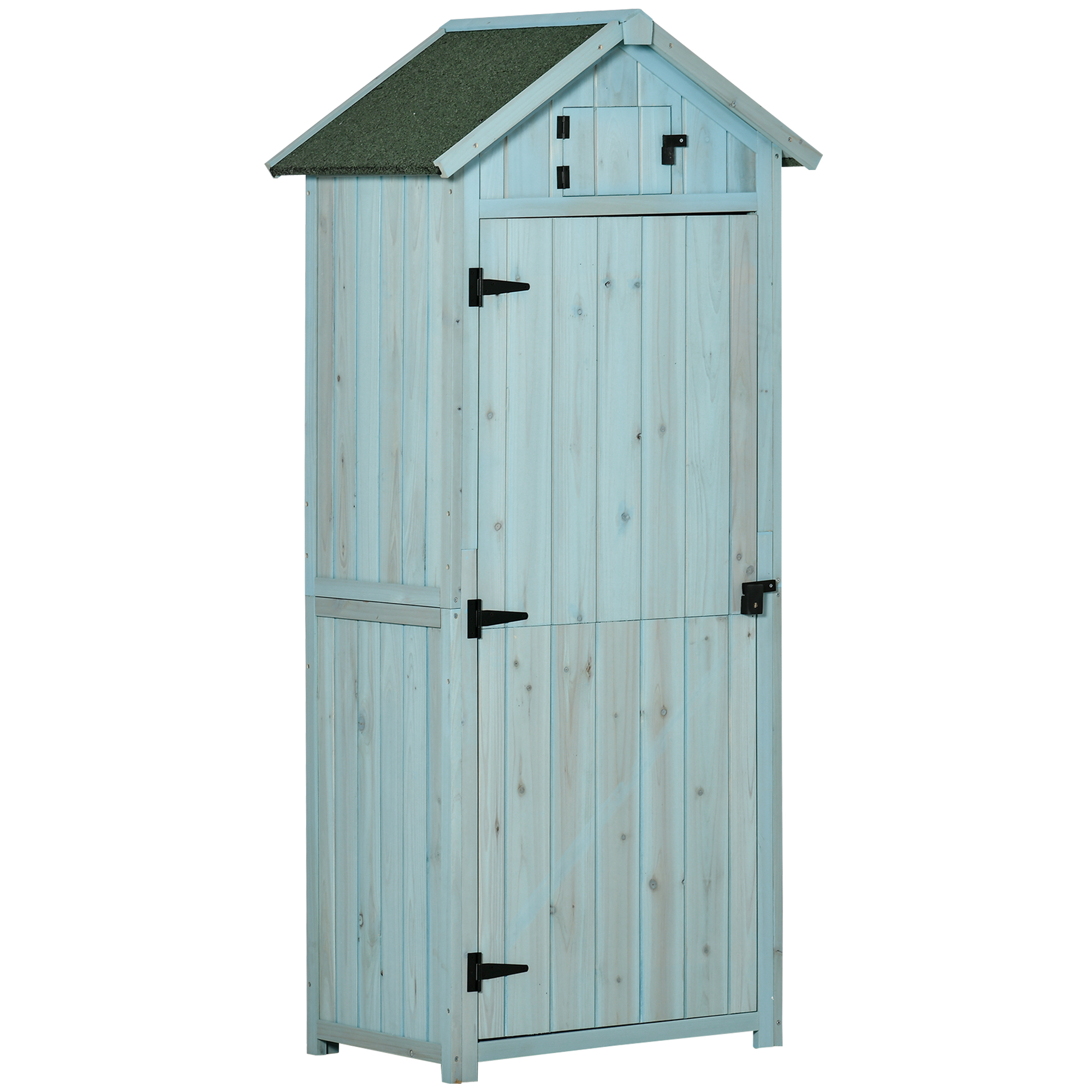 Gartenschrank Holz, Geräteschuppen wetterfest 77x54,2x179cm, Gerätehaus mit Tür, Satteldach, Geräteschrank mit Böden, Werkzeugschrank Gartenschuppen für Garten, Terrasse, Hellblau+Grün