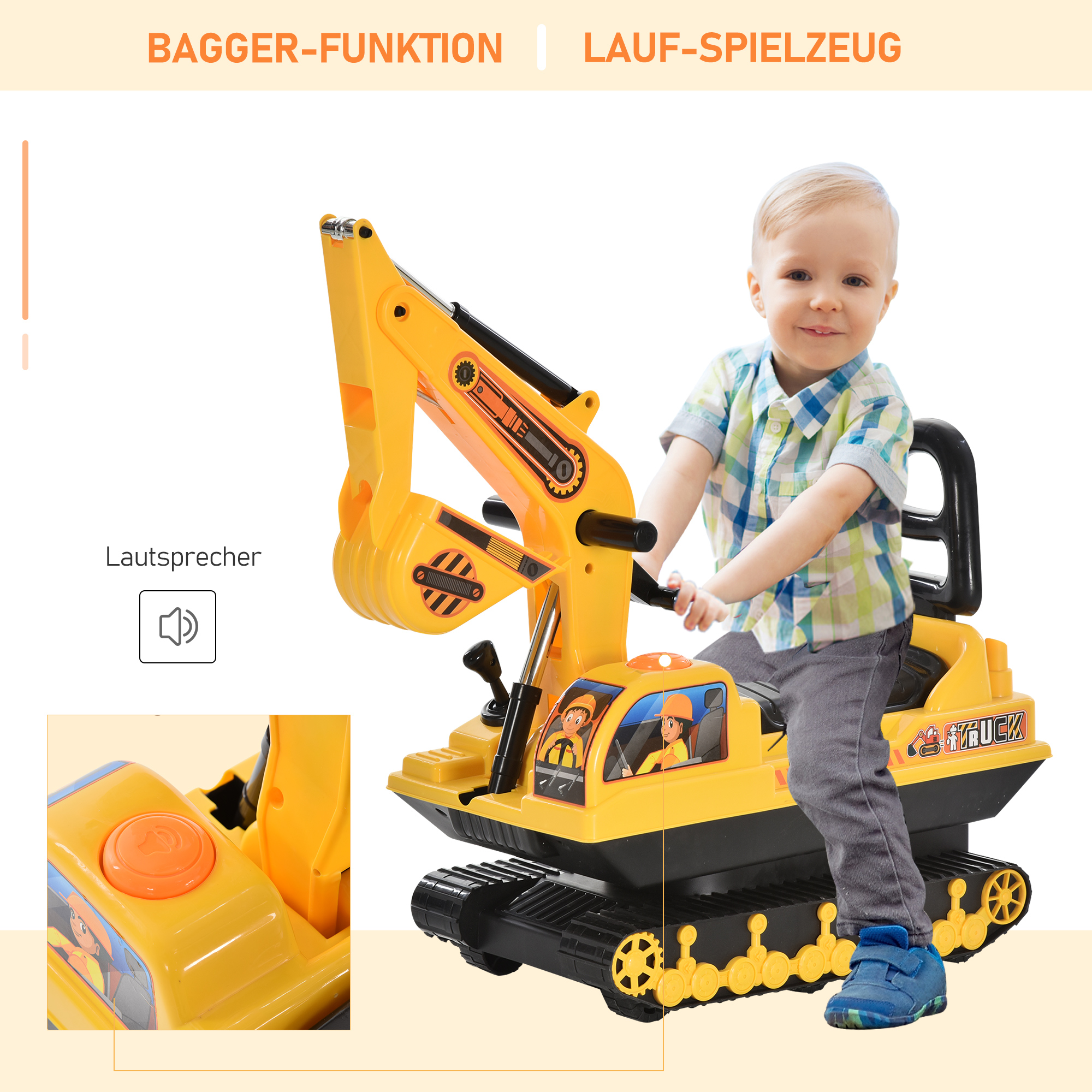 Sitzbagger Aufsitzbagger mit Schaufel Hupe, Kinderbagger mit Stauraum unter Sitz, Rutschauto Baggerfahrzeug zum Sitzen bis 30kg, Draufsitzen Sandbagger für Kinder 1,5-4 Jahre Gelb
