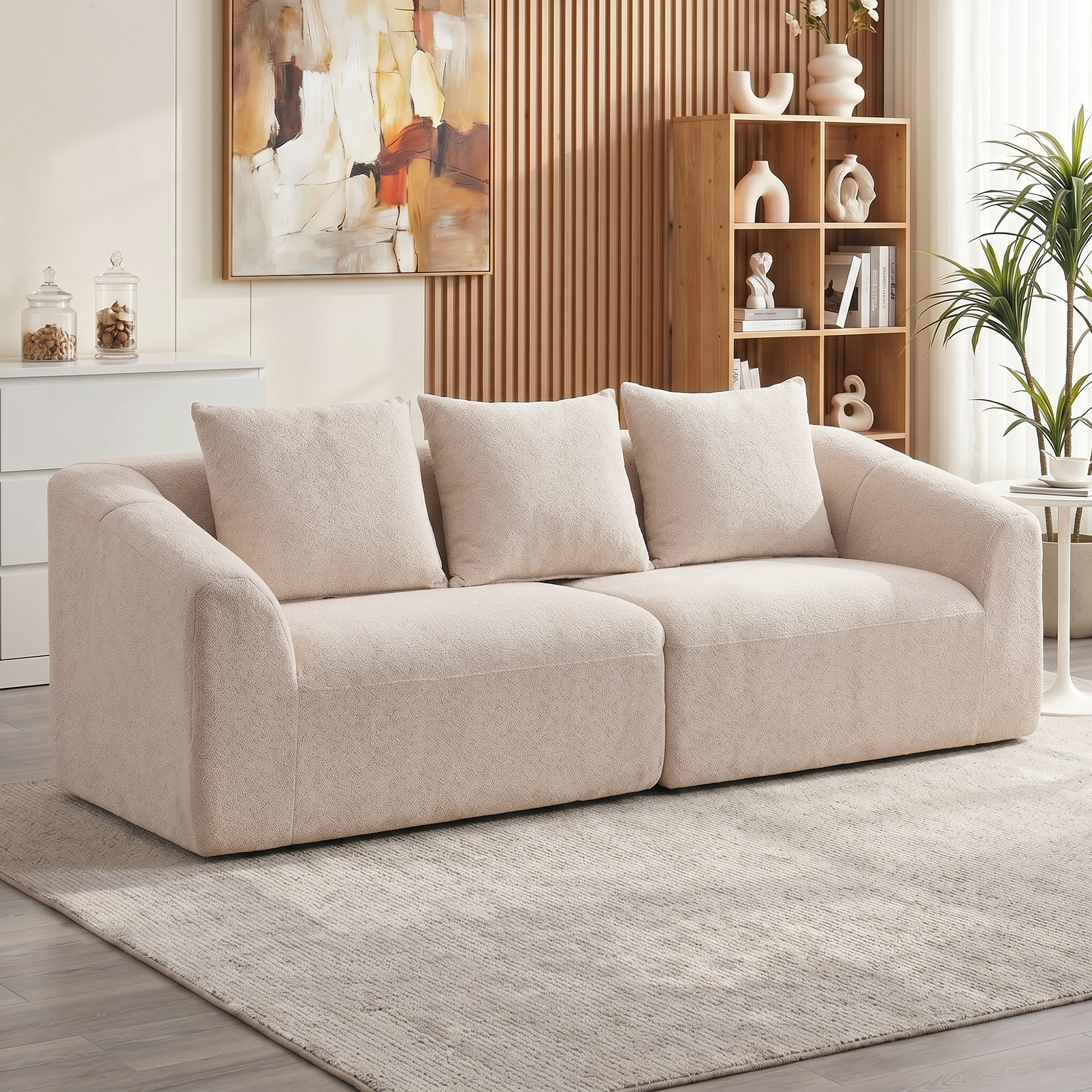 3-Sitzer Sofa, Chenille Cloud Couch ohne Rahmen, dicke Federkernpolsterung, extra breite Sitzfläche, 3 Kissen, Beige