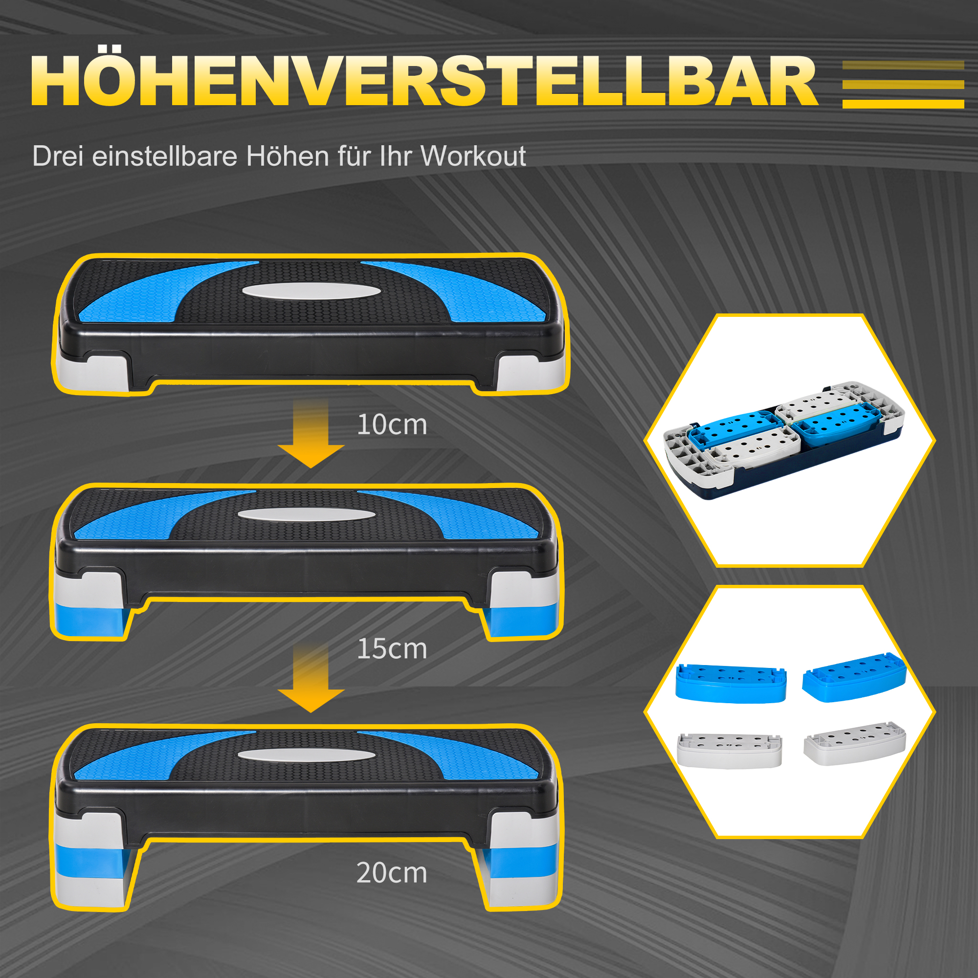 Aerobic-Stepper 3-stufig höhenverstellbar 80 x 31 x 20 cm Schwarz+Hellblau+Grau