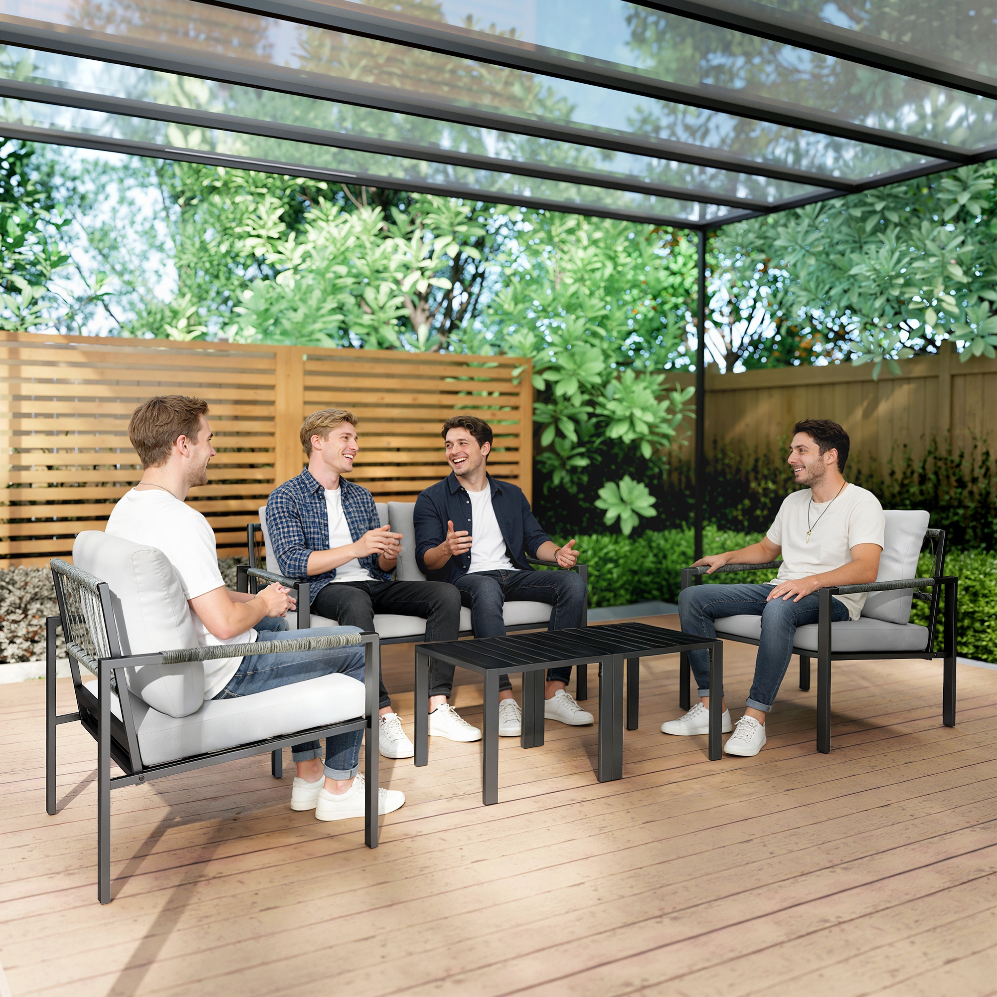 Gartenmöbel Set 4 Personen wetterfest Balkonmöbel-Set mit 2er Sofa, Sessel Sitzkissen Beistelltisch Hellgrau