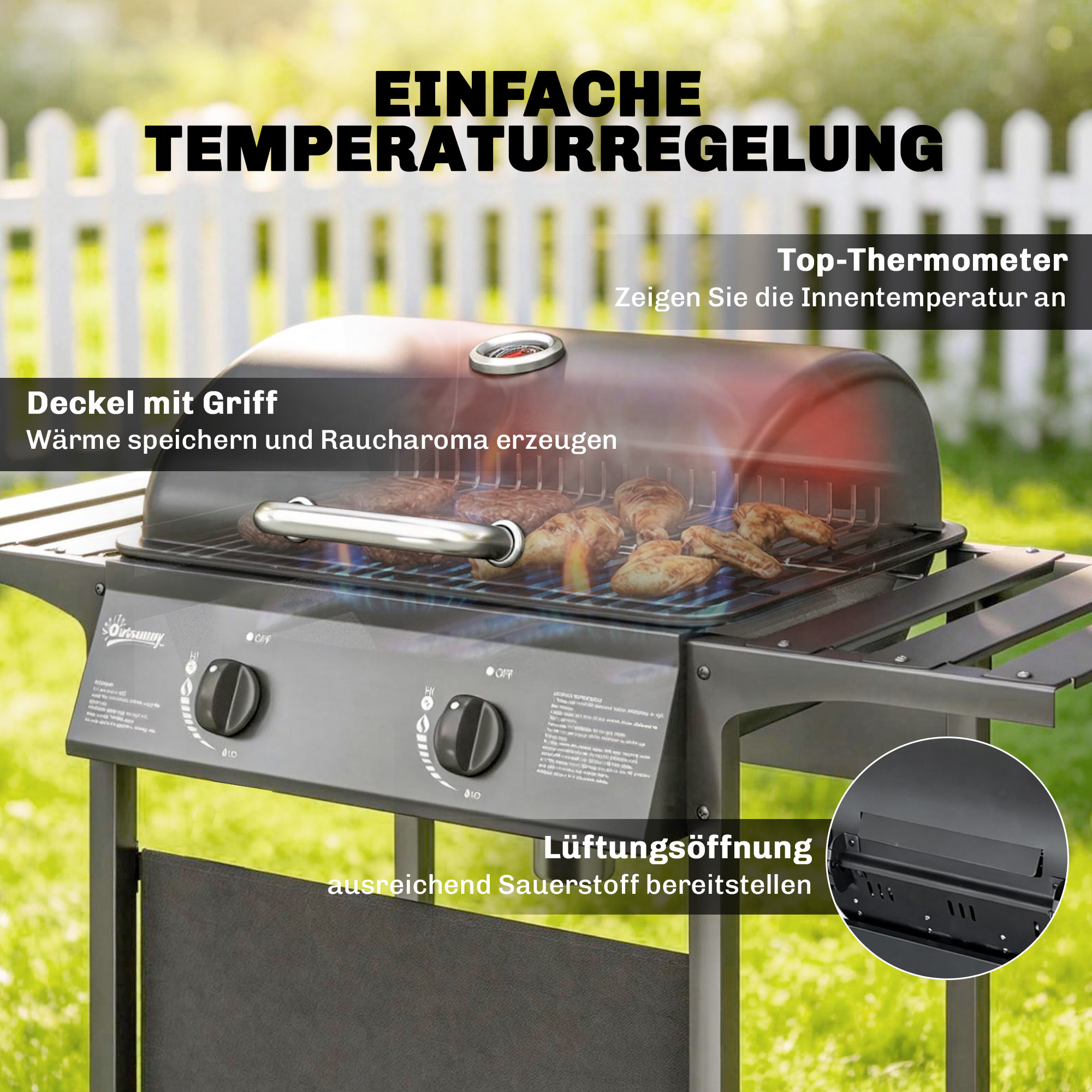 Gasgrill 5kW 2 Brenner BBQ Grillwagen Edelstahl inkl Seitentisch Unterkorb Frontabdeckung Thermometer Emaille-Grillrost