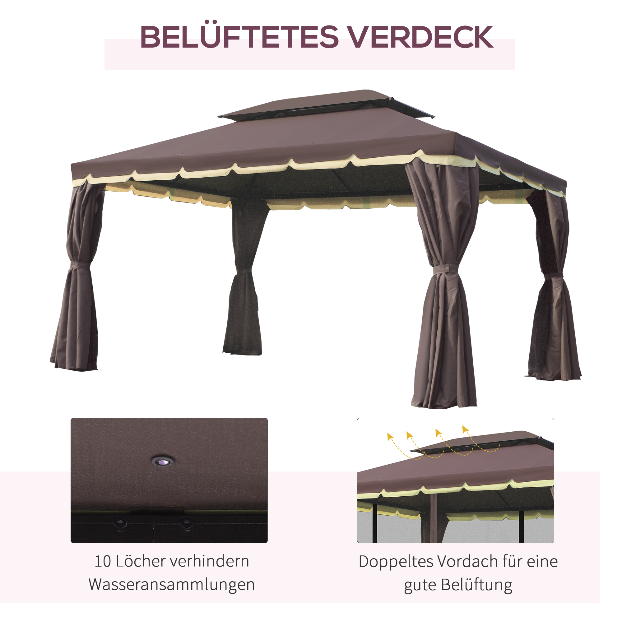Gartenpavillon Pavillon 390 x 290 x 280 cm Gartenzelt Festzelt Partyzelt mit 4 x Seitenteile Moskitonetz wetterfest Aluminium Polyester Kaffee+Schwarz