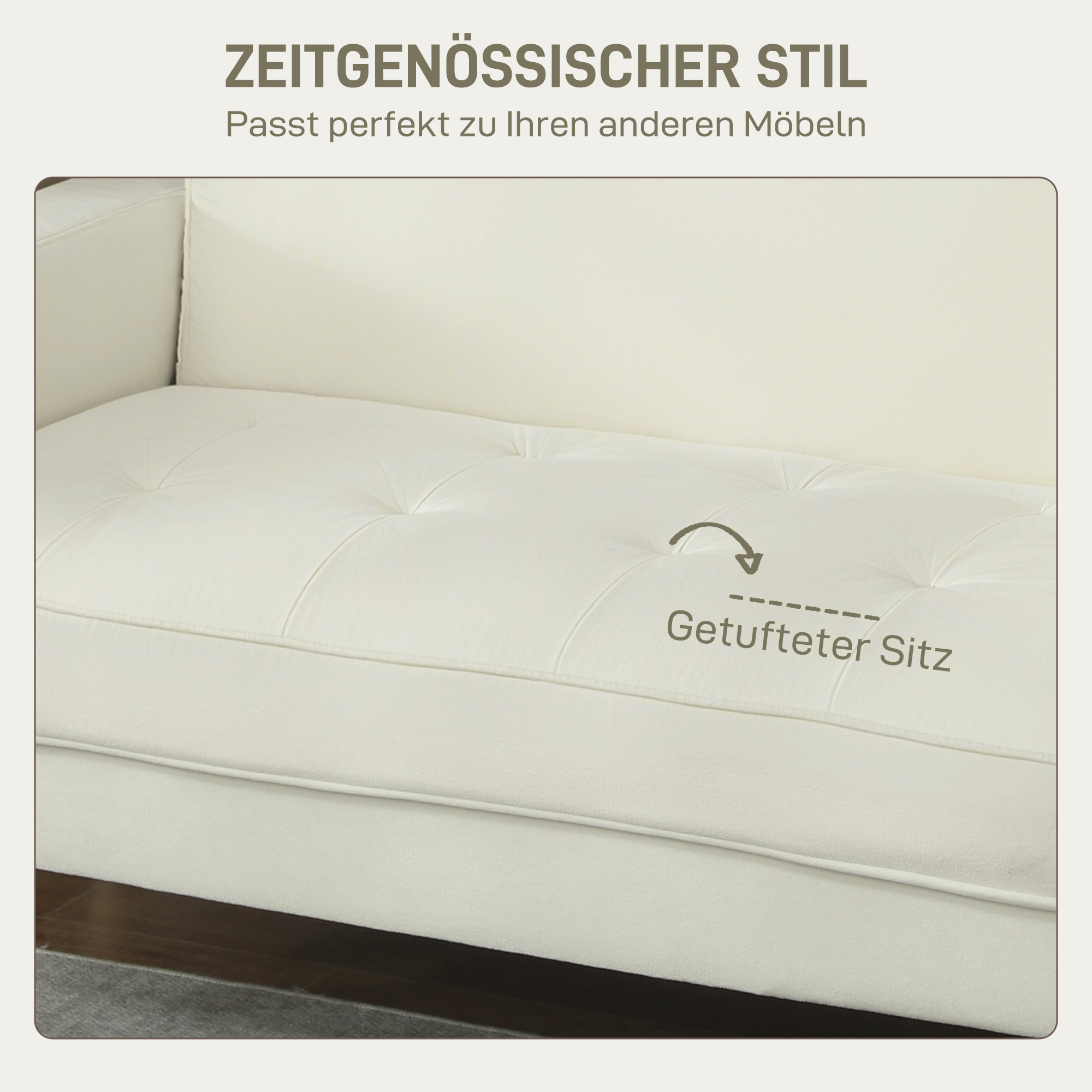 2-Sitzer-Sofa, Doppelsitzsofa mit Kautschukholzbeinen, Polstersofa für Wohnzimmer, Schlafzimmer, Cremeweiß