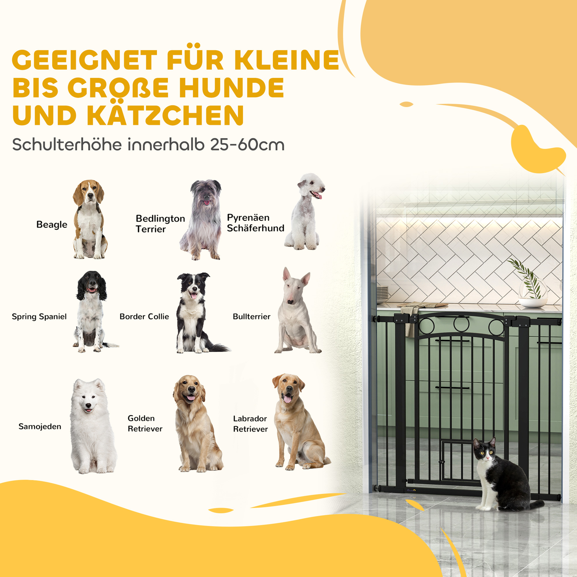 Haustiertor, 96 cm Treppengatter, verstellbare Breite 76-104 cm, mit Katzentür, für Treppen und Türöffnungen, Schwarz