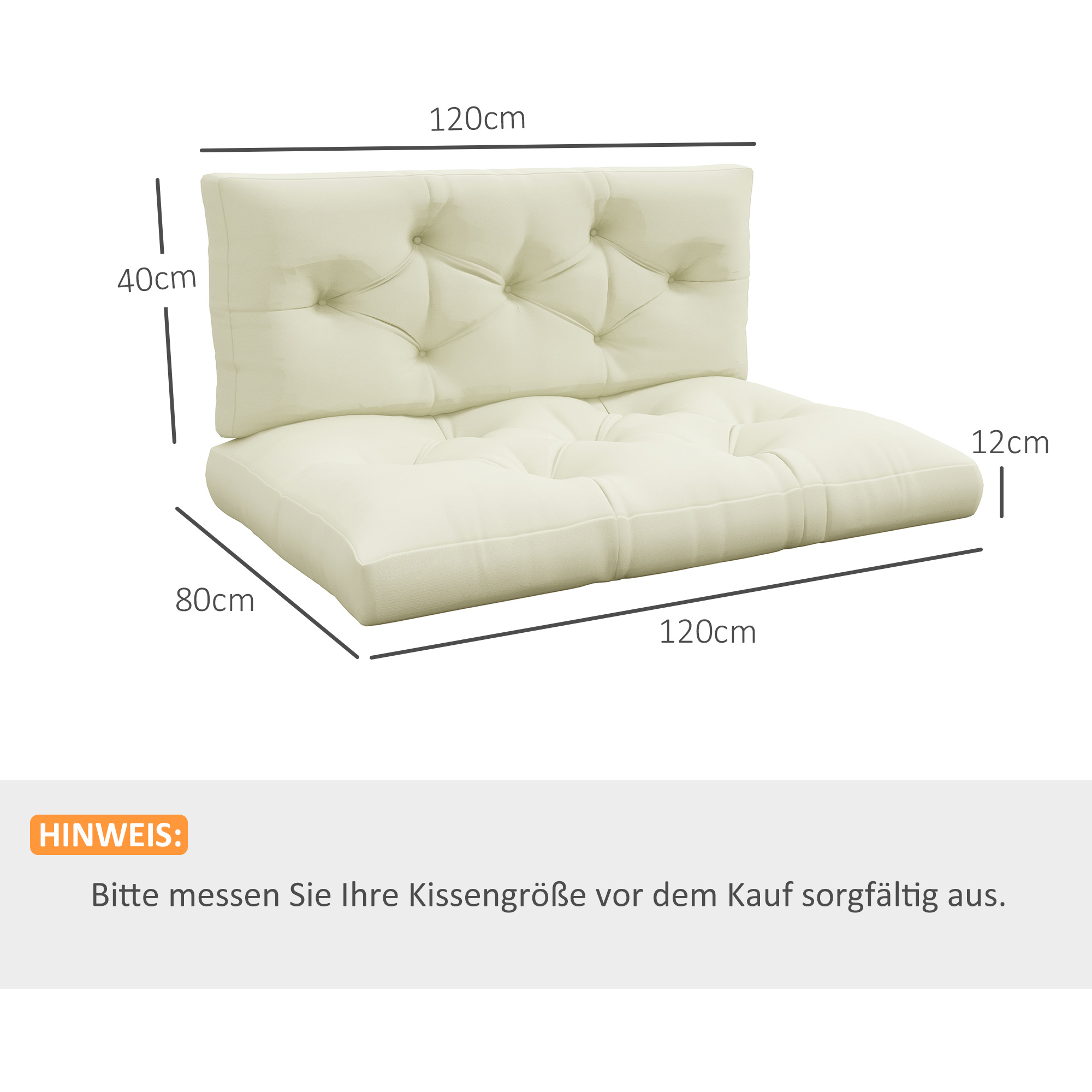 Sitzpolster Sitzkissen Polsterauflage, mit Knopfheftung, 120 x 80 x 12 cm, Cremeweiß