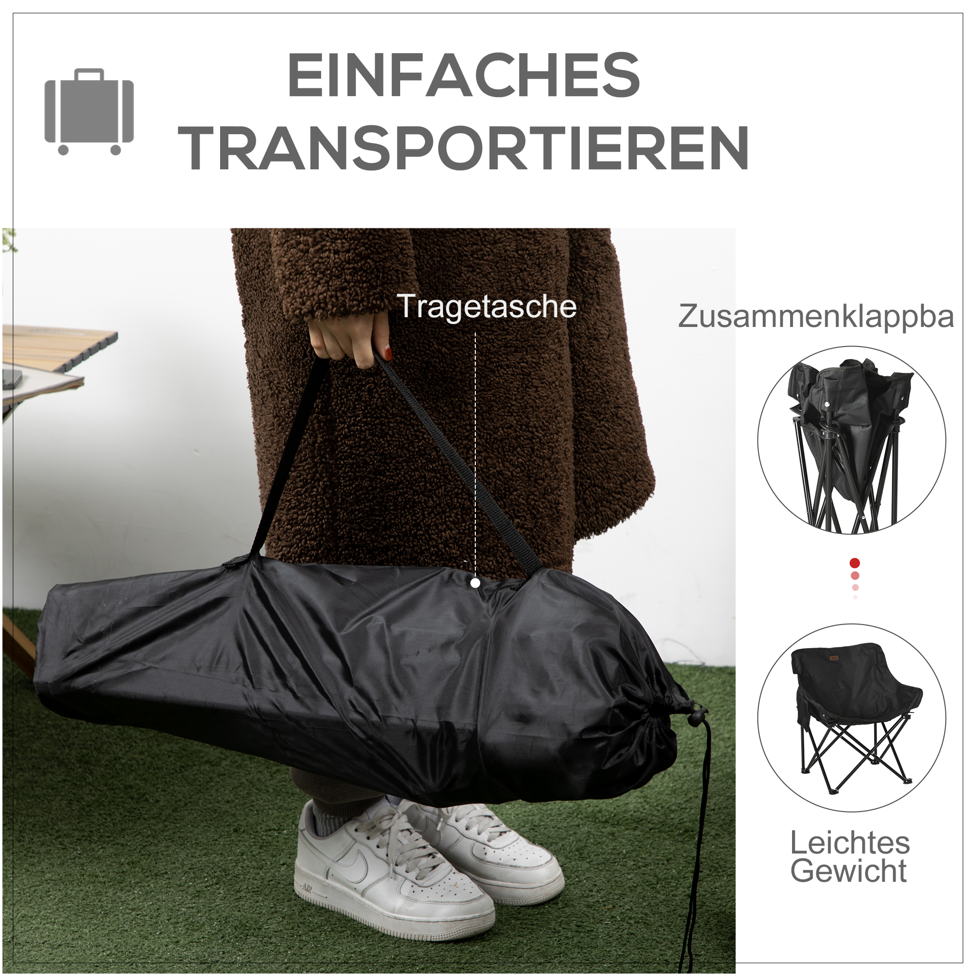 Campingstuhl, faltbar, Stahlrahmen, Stoffsitz, Tragetasche, Schwarz