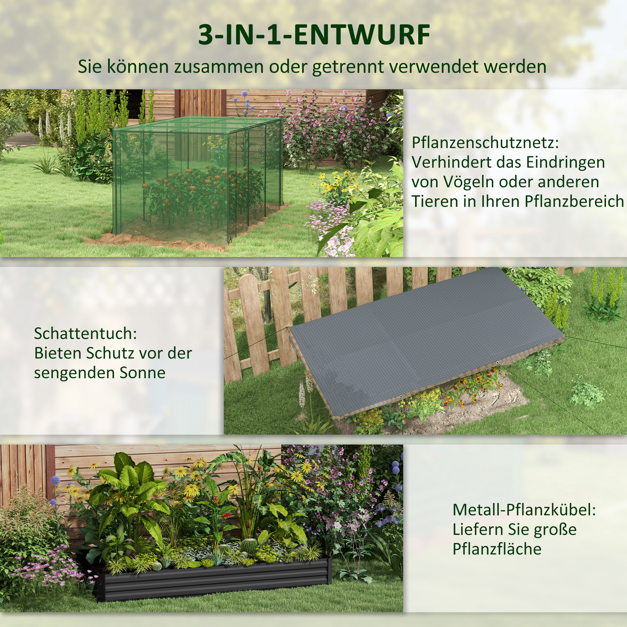 Hochbeet mit Vogelschutznetz und Sonnenschutz, Metall-Gehäuse, 230x110x110 cm, Grau/Grün/Schwarz