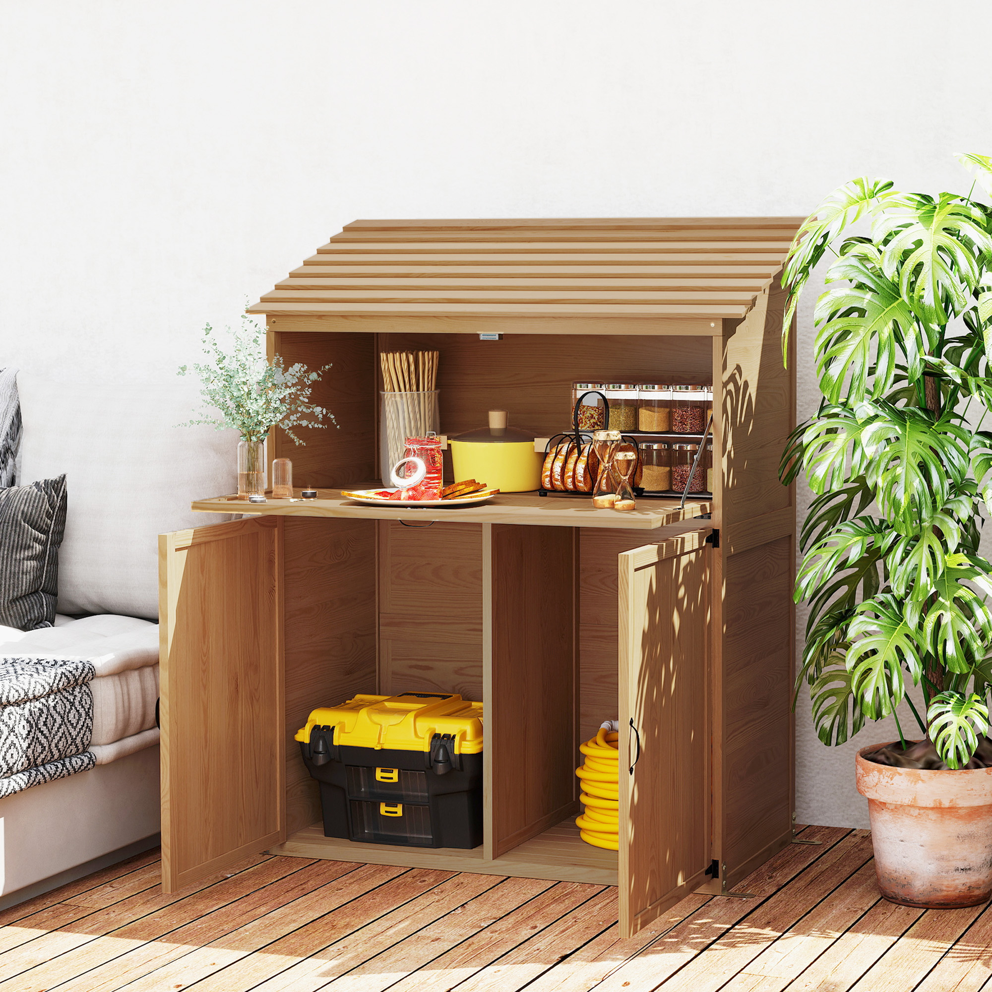 Garten-Aufbewahrungsschrank mit ausklappbarem Tisch, Werkzeugschrank mit Dach, 110 x 54 x 136 cm, Tannenholz, Braun