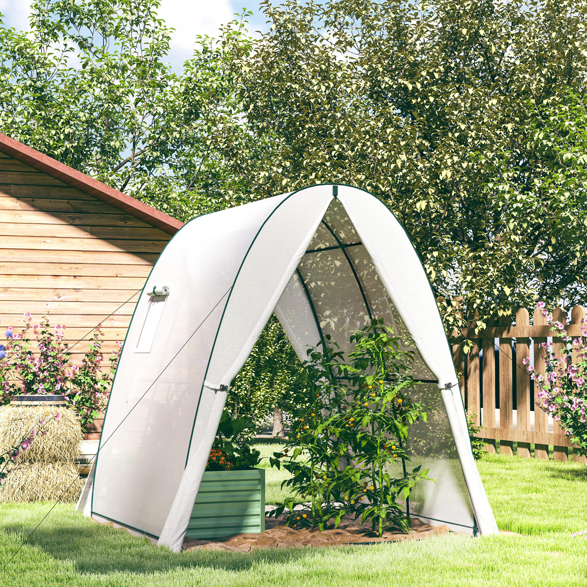 Bogen-Gewächshaus mit Sandsäcken und Kunststoff-Abdeckung, 2 Rolltüren, Netzfenster, tragbar, 1,8 x 1,8 x 2 m, Weiß