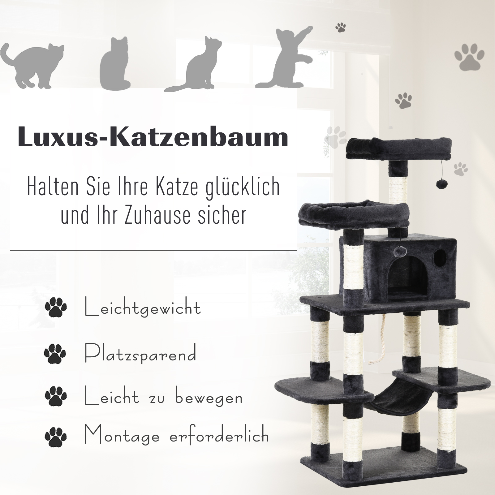 Katzenbaum Luxus mit Hängematte Katzenhaus Kletterbaum mit Hängematte und Katzenhaus Katzenspielturm Dunkelgrau 60 x 48 x 144 cm