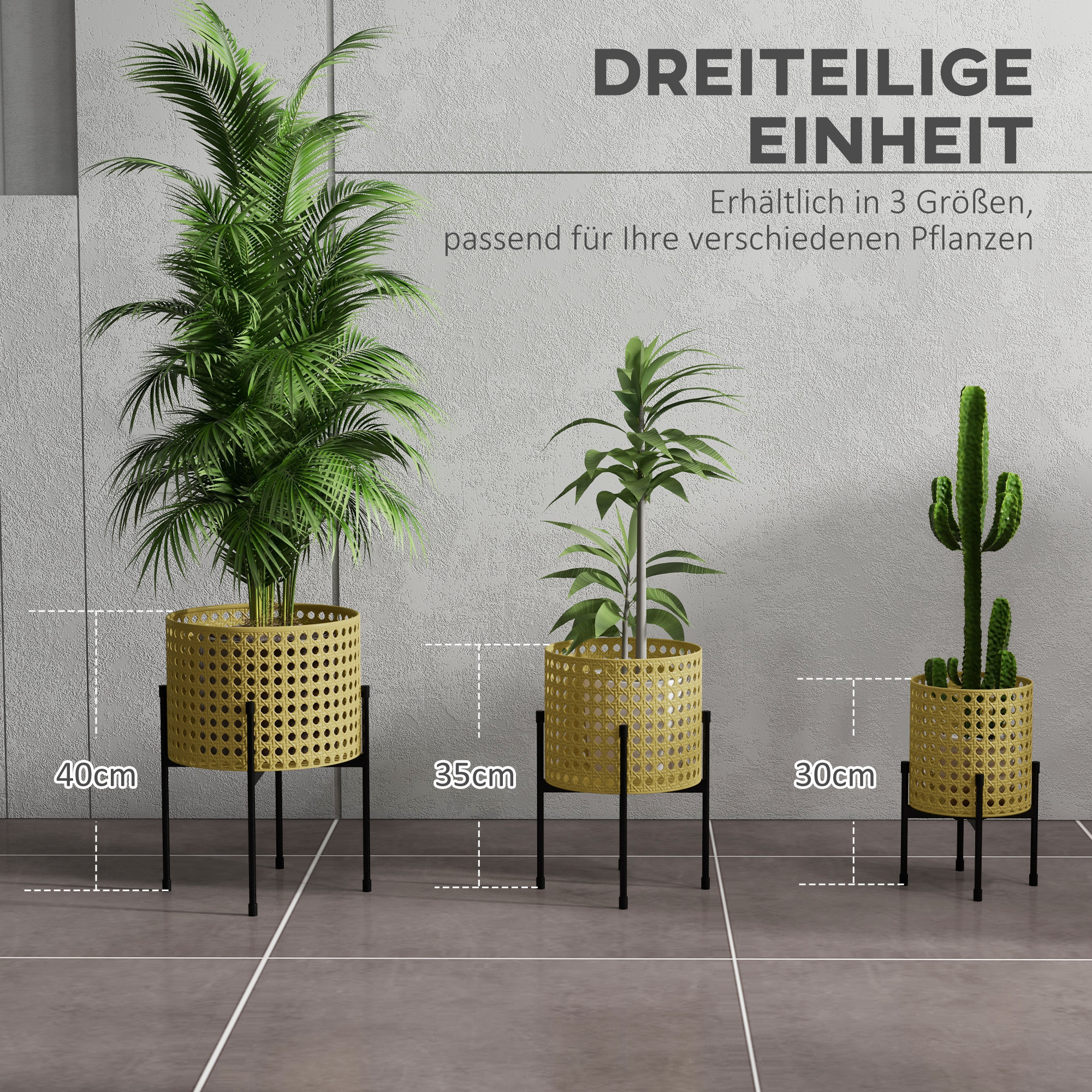 Blumenständer, 3er-Set, rostfreies Metallgestell, In- und Outdoor, Schwarz/Gold