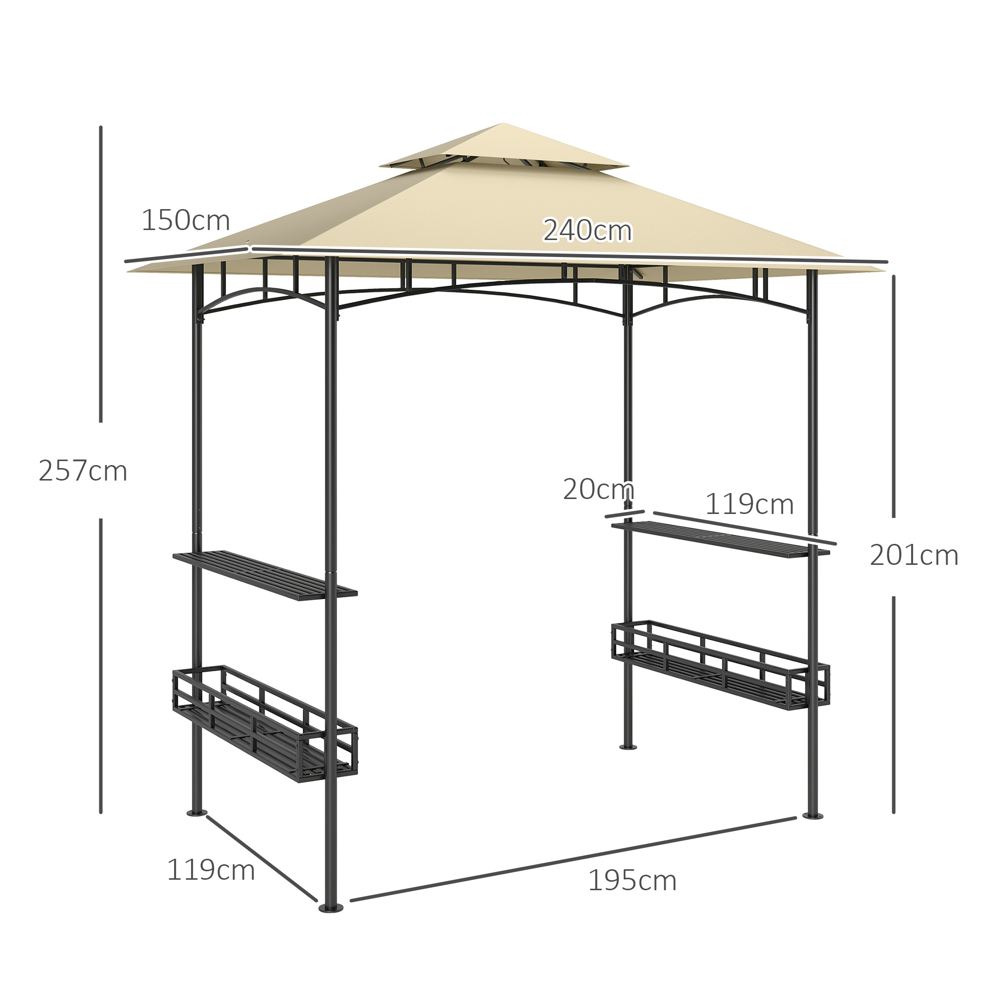 Grill-Zelt, BBQ-Zelt, Gartenpavillon mit 2 Regalen, Aufbewahrungskörbe, Haken, für Terrasse, Beige