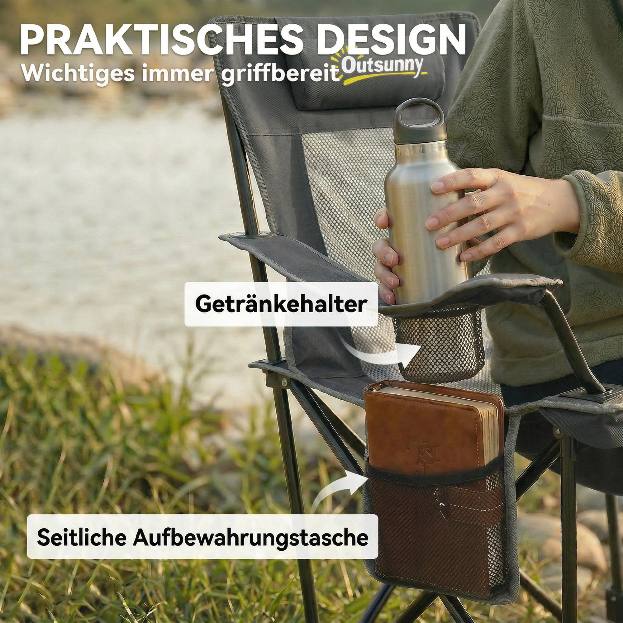 2er Set Campingstuhl faltbar Angelstuhl mit verstellbarer Rückenlehne Fußablage Getränkehalter Kopfstütze Dunkelgrau